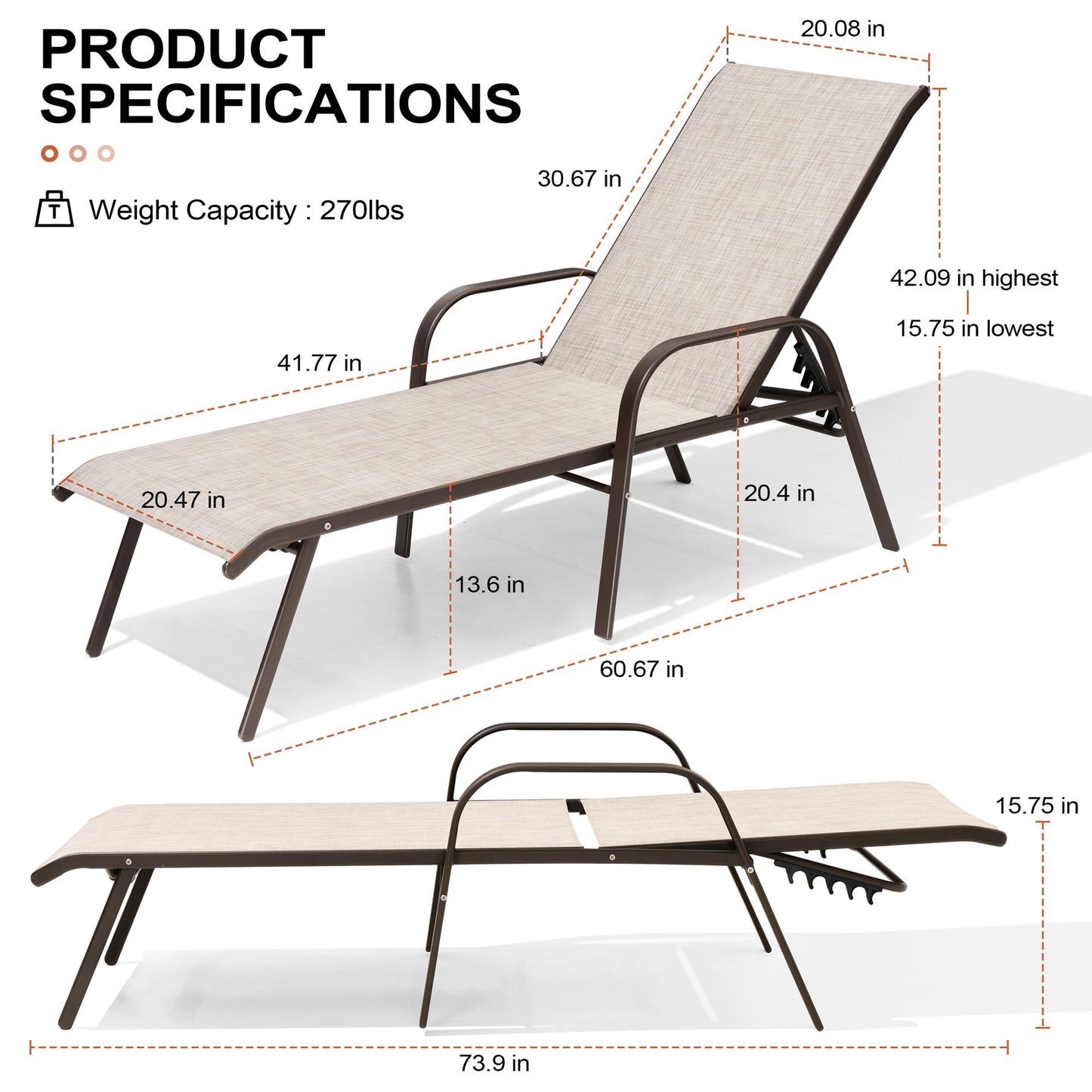 Crestlive Products 2PCS Outdoor Adjustable Chaise Lounge Chair in Beige