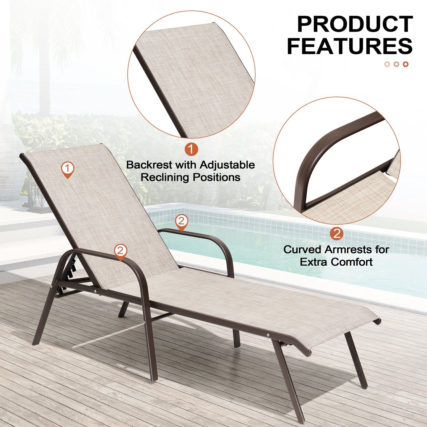 Crestlive Products 2PCS Outdoor Adjustable Chaise Lounge Chair in Beige