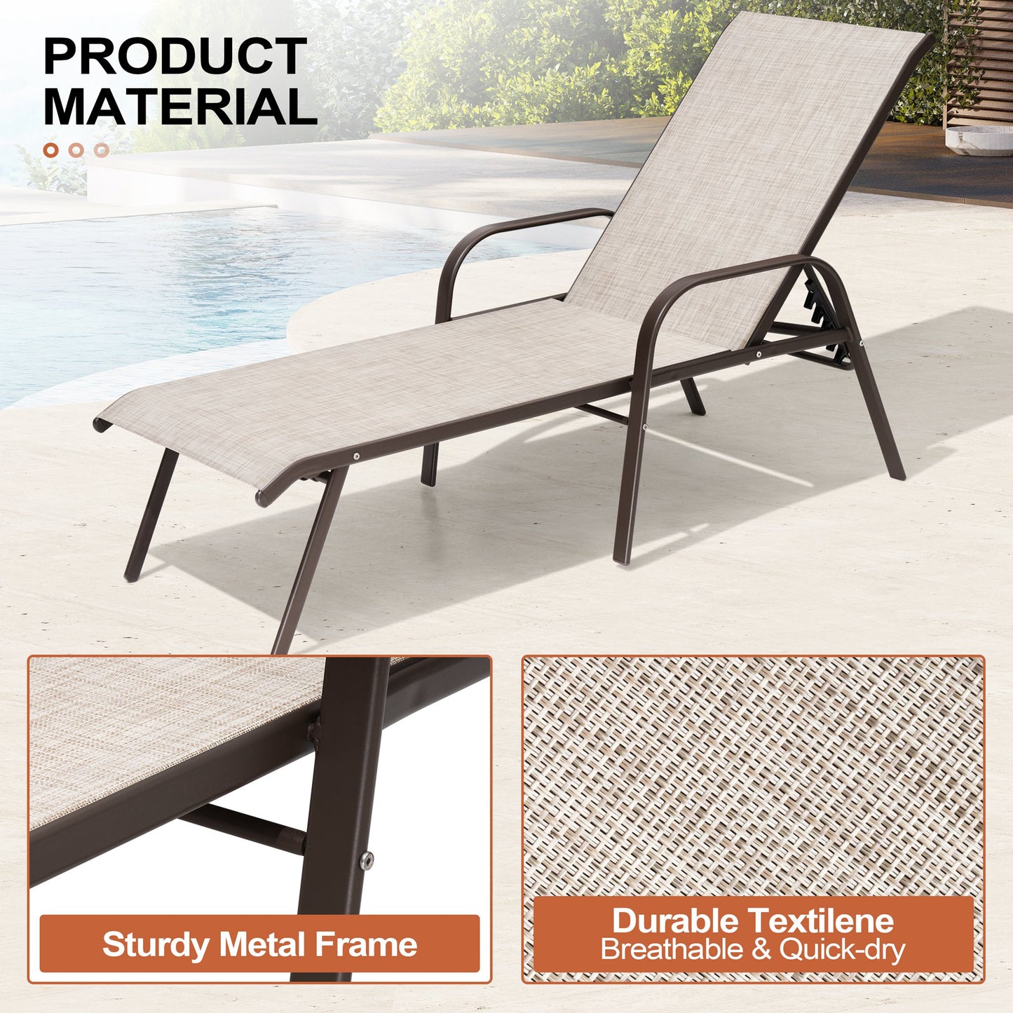 Crestlive Products 2PCS Outdoor Adjustable Chaise Lounge Chair in Beige