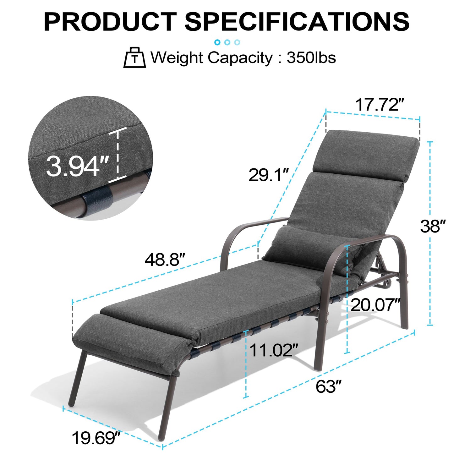 Crestlive Products Adjustable Five-Position Chaise Lounge Chair with Cushion