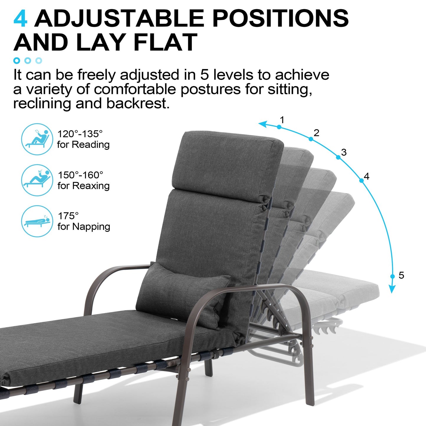 Crestlive Products Adjustable Five-Position Chaise Lounge Chair with Cushion
