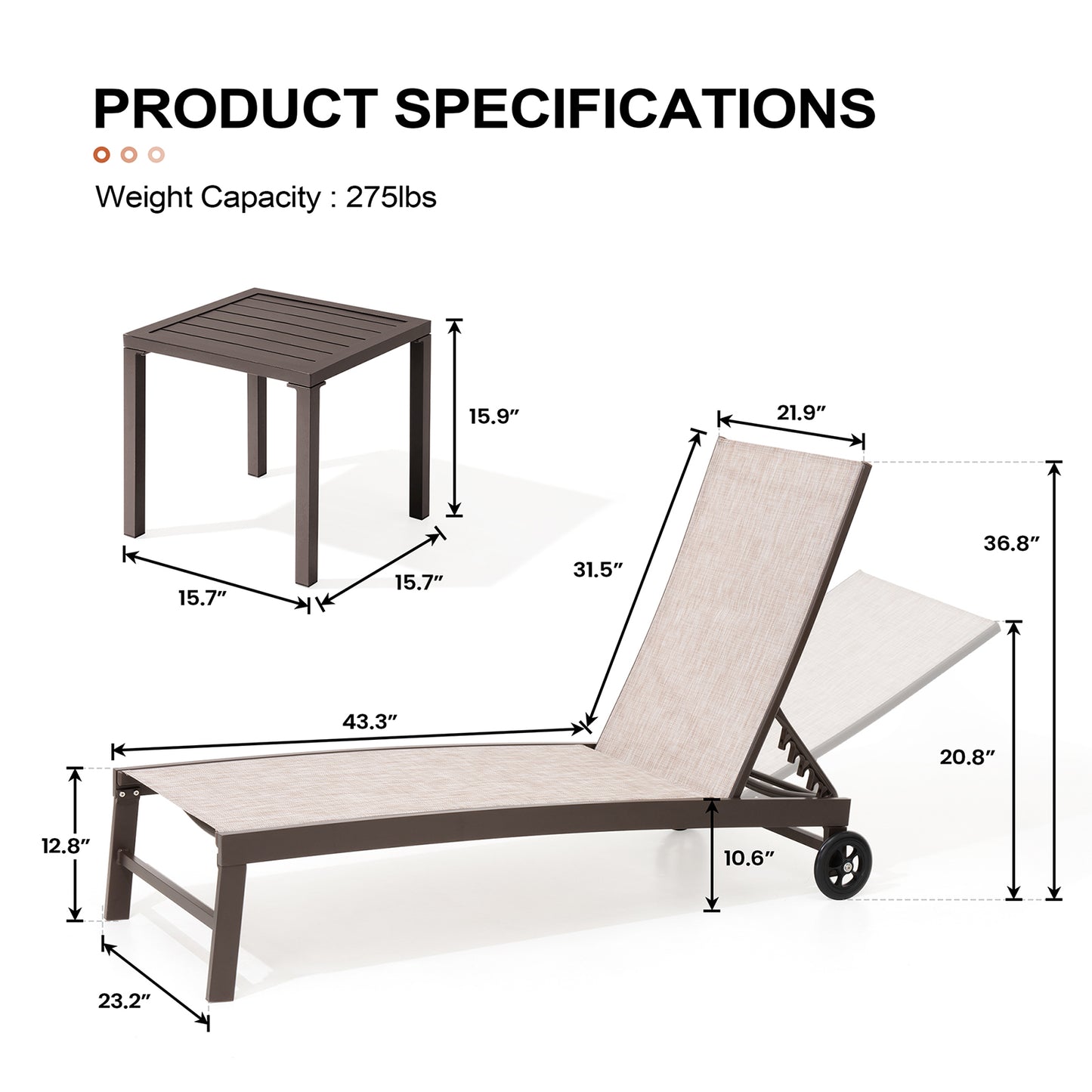 Crestlive Products Aluminum 2-Piece Adjustable Outdoor Chaise Lounge with Wheels