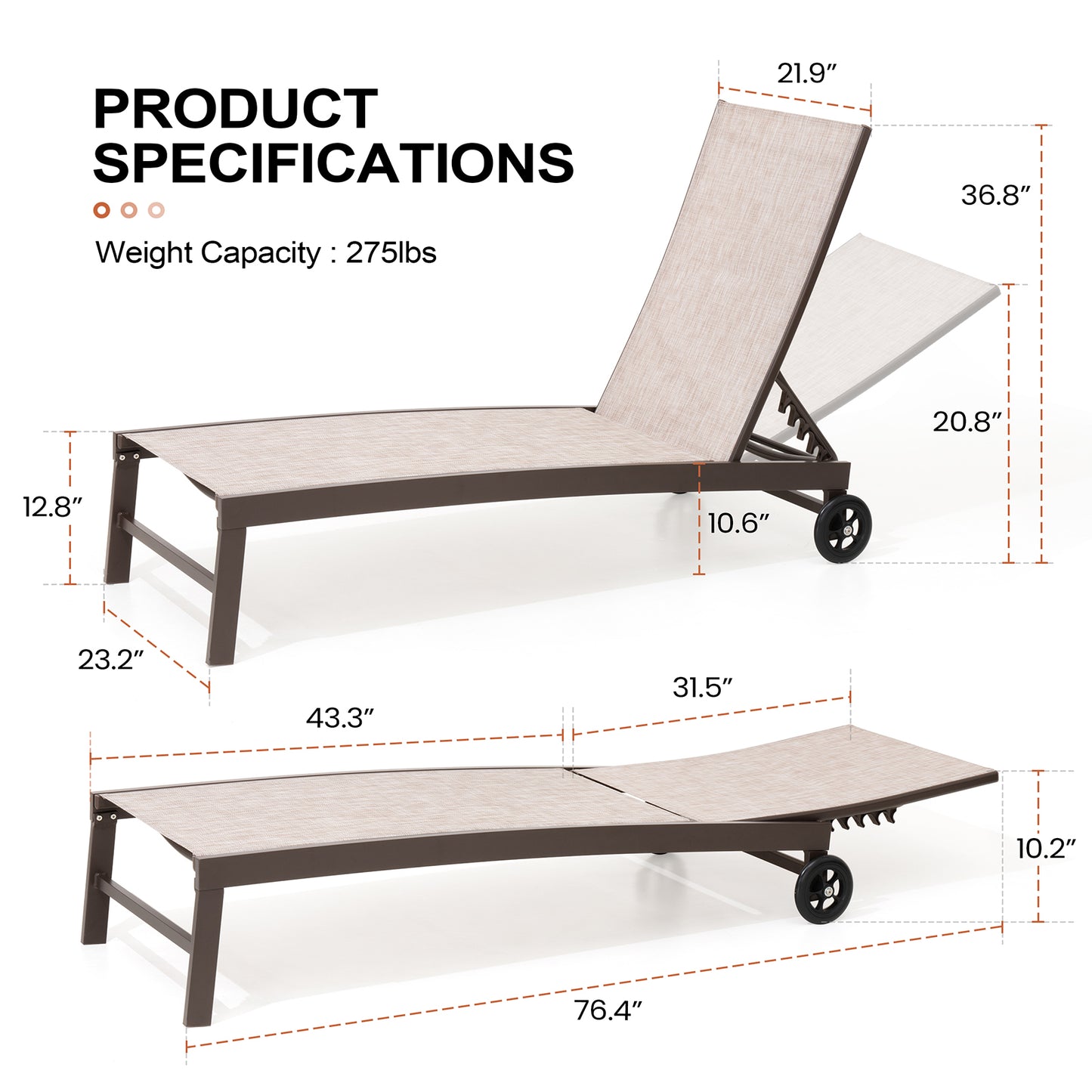 Crestlive Products Aluminum 2-Piece Adjustable Outdoor Chaise Lounge with Wheels