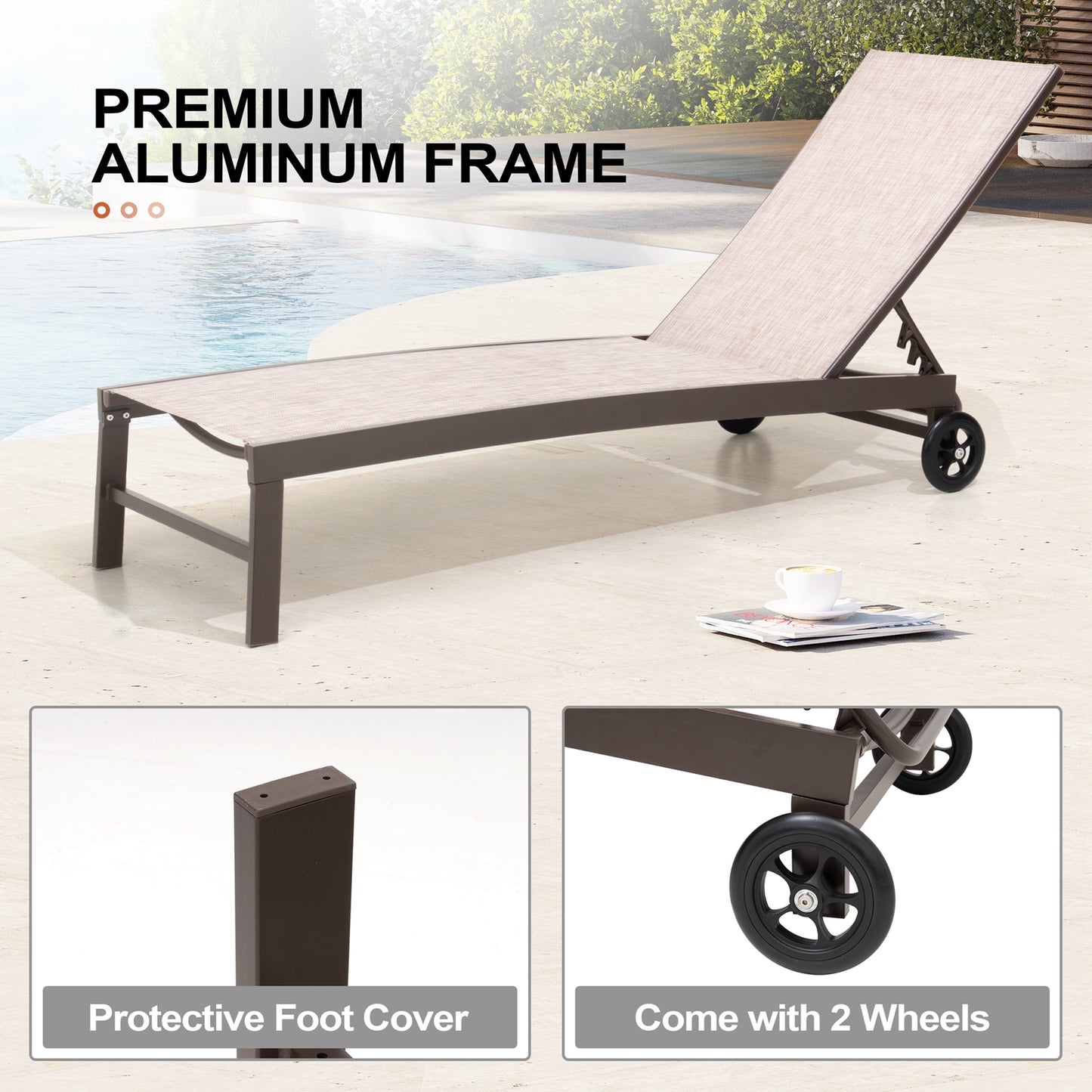 Crestlive Products Aluminum 2-Piece Adjustable Outdoor Chaise Lounge with Wheels