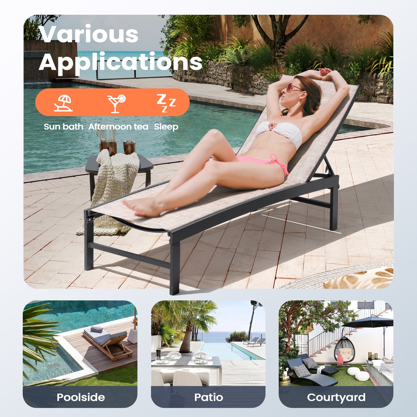 Crestlive Products Set of 2 Outdoor Steel Frame Stationary Chaise Lounge Chairs Gray Mesh