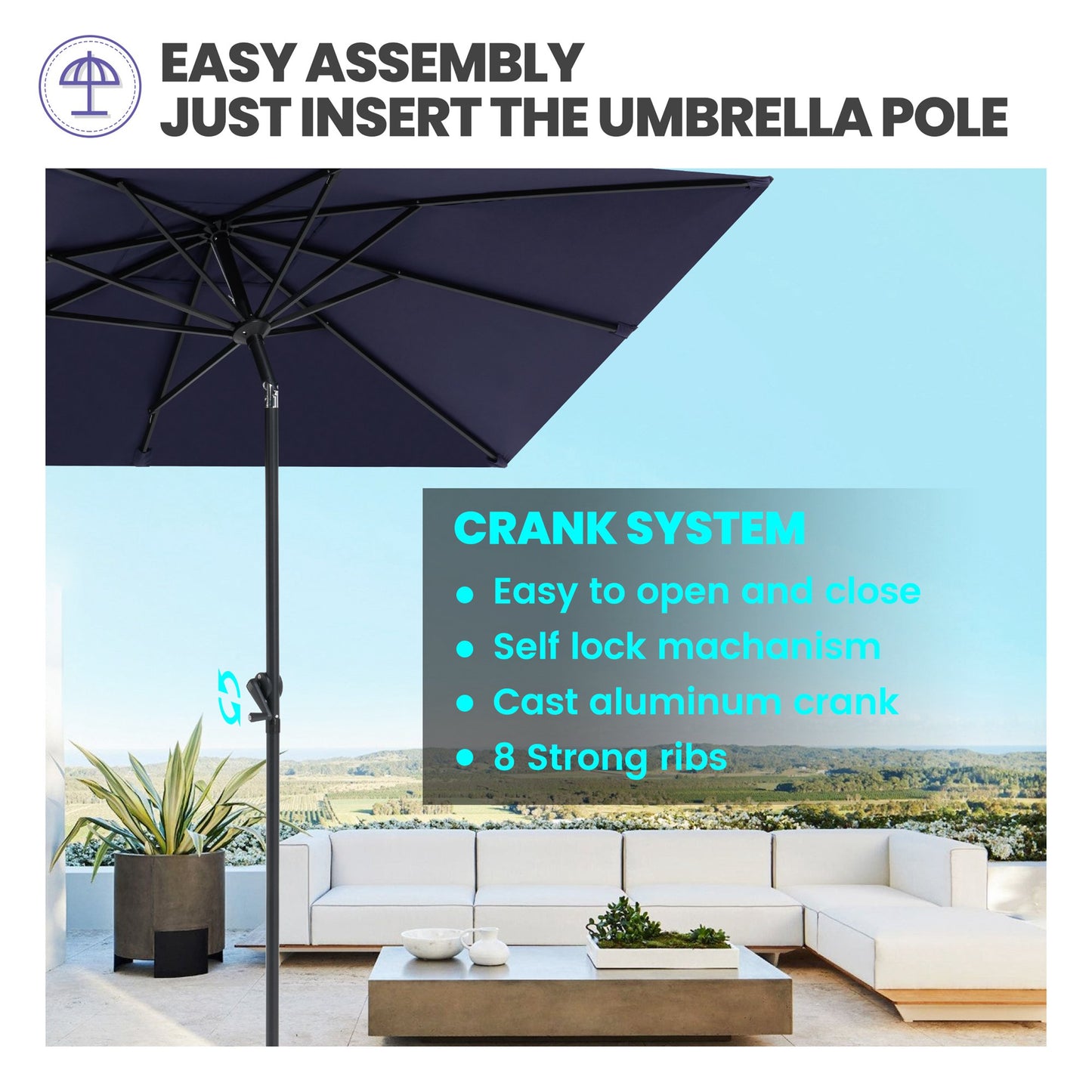 Crestlive Products Outdoor 9x5 ft Rectangular Market Umbrella Double Top Aluminum Tilt
