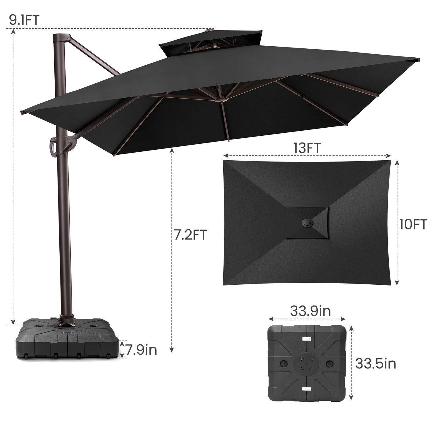 Crestlive Products 10x13ft Aluminum Crank Cantilever Patio Umbrella with Lights with Base