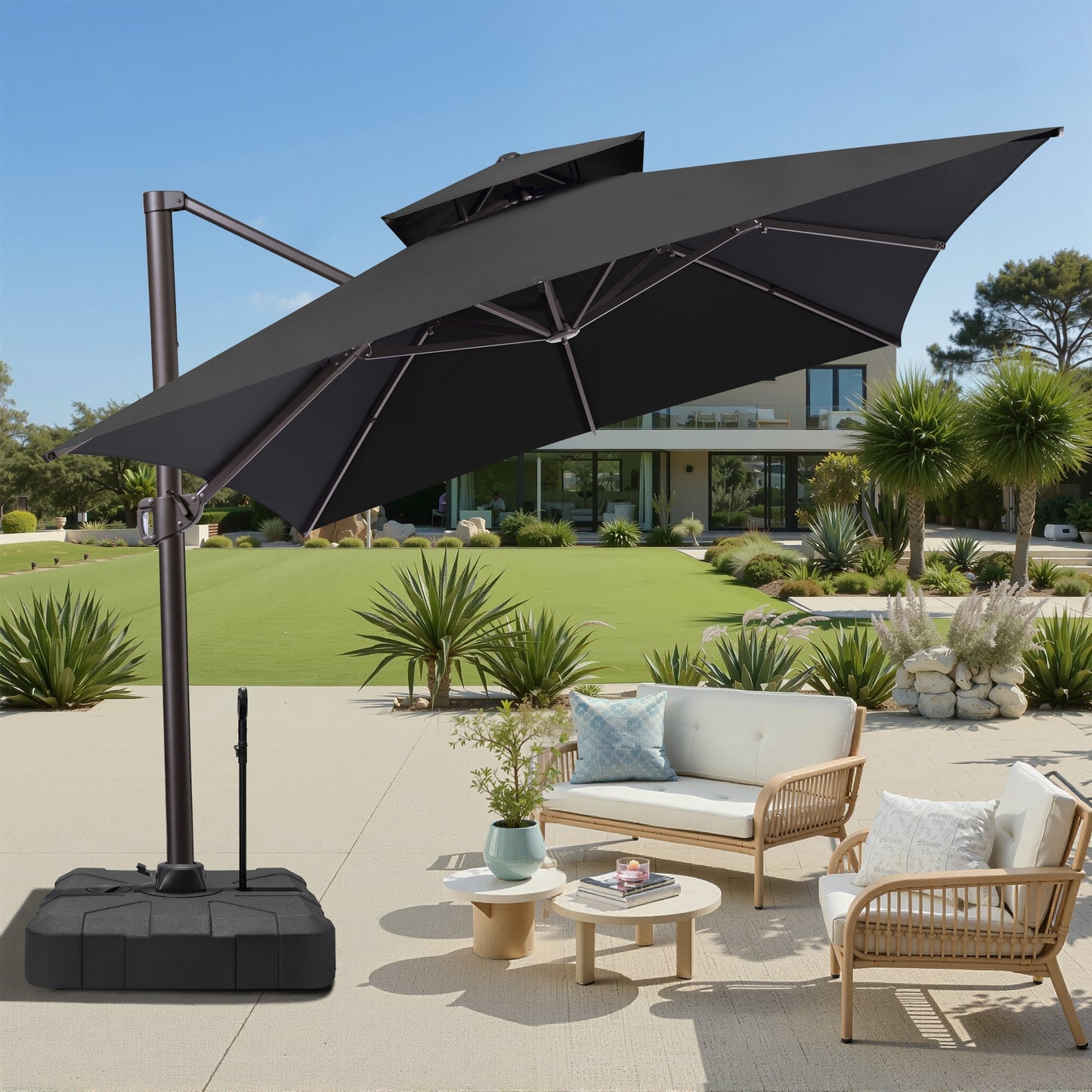 Crestlive Products 10x13ft Aluminum Double Top Crank Cantilever Patio Umbrella with Base