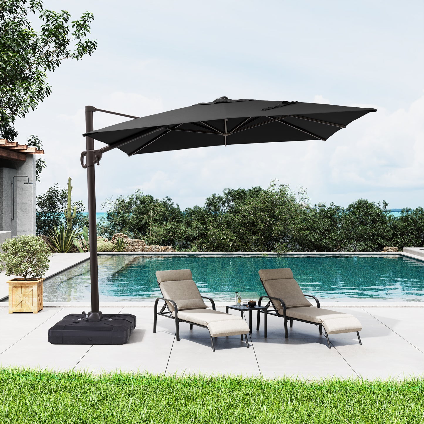Outdoor 9x11 ft Aluminum Cantilever Umbrella Rectangle with Base 360° Rotation