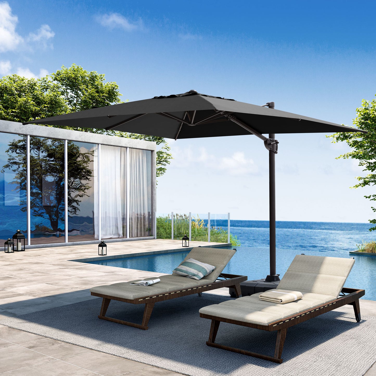 Outdoor 9x11 ft Aluminum Cantilever Umbrella Rectangle with Base 360° Rotation