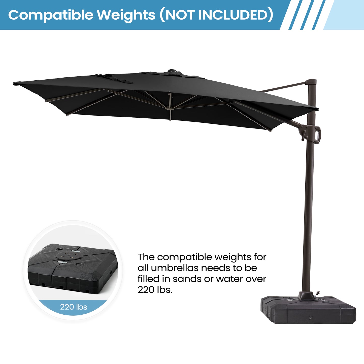 Outdoor 9x11 ft Aluminum Cantilever Umbrella Rectangle with Base 360° Rotation