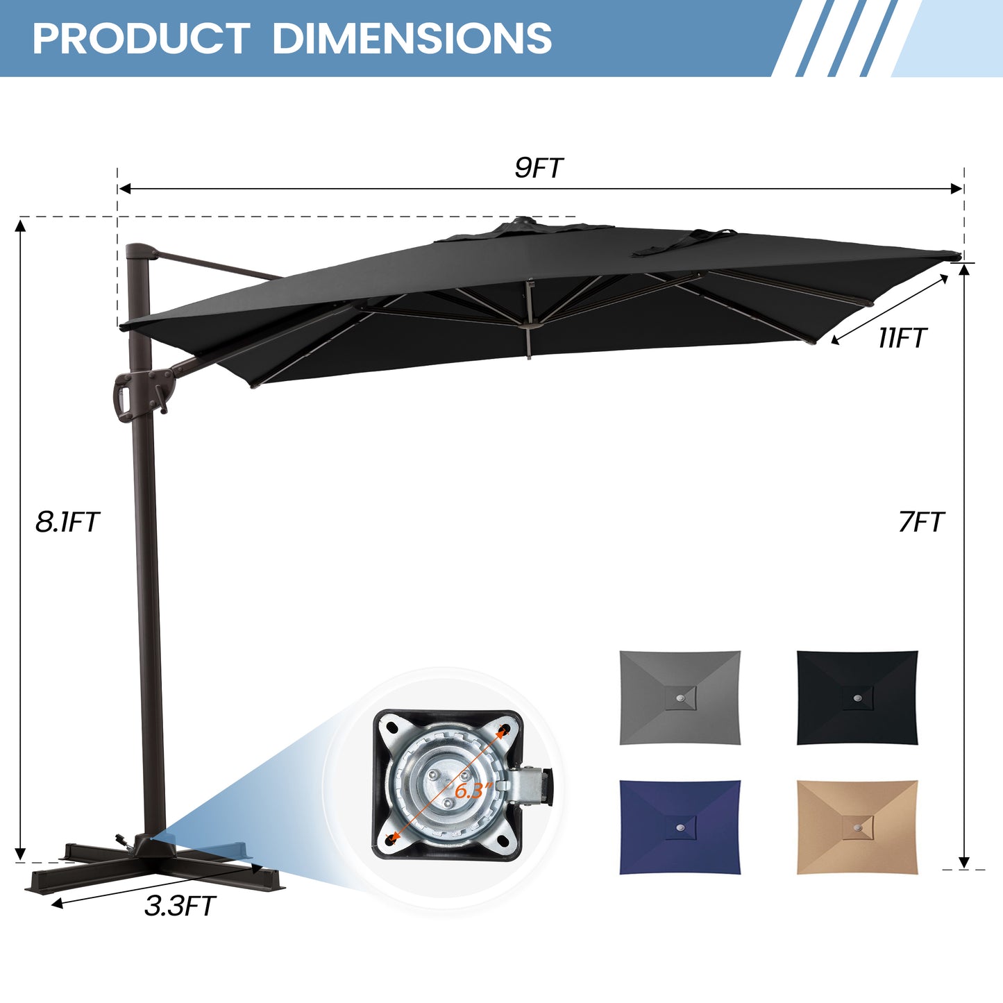Outdoor 9x11 ft Aluminum Cantilever Umbrella Rectangle with Base 360° Rotation