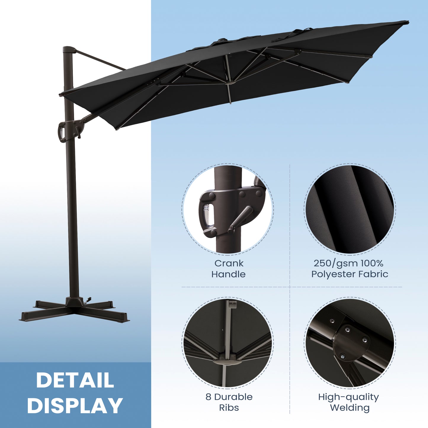 Outdoor 9x11 ft Aluminum Cantilever Umbrella Rectangle with Base 360° Rotation