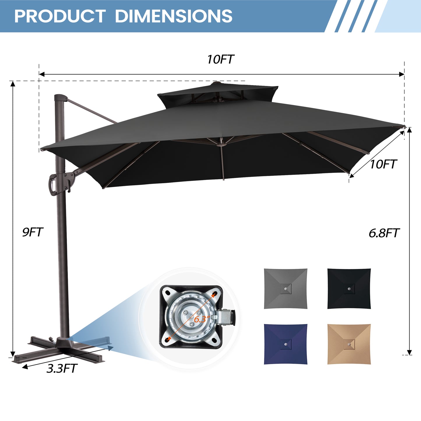 Outdoor 10 ft Cantilever Umbrella Double Top Offset No Base