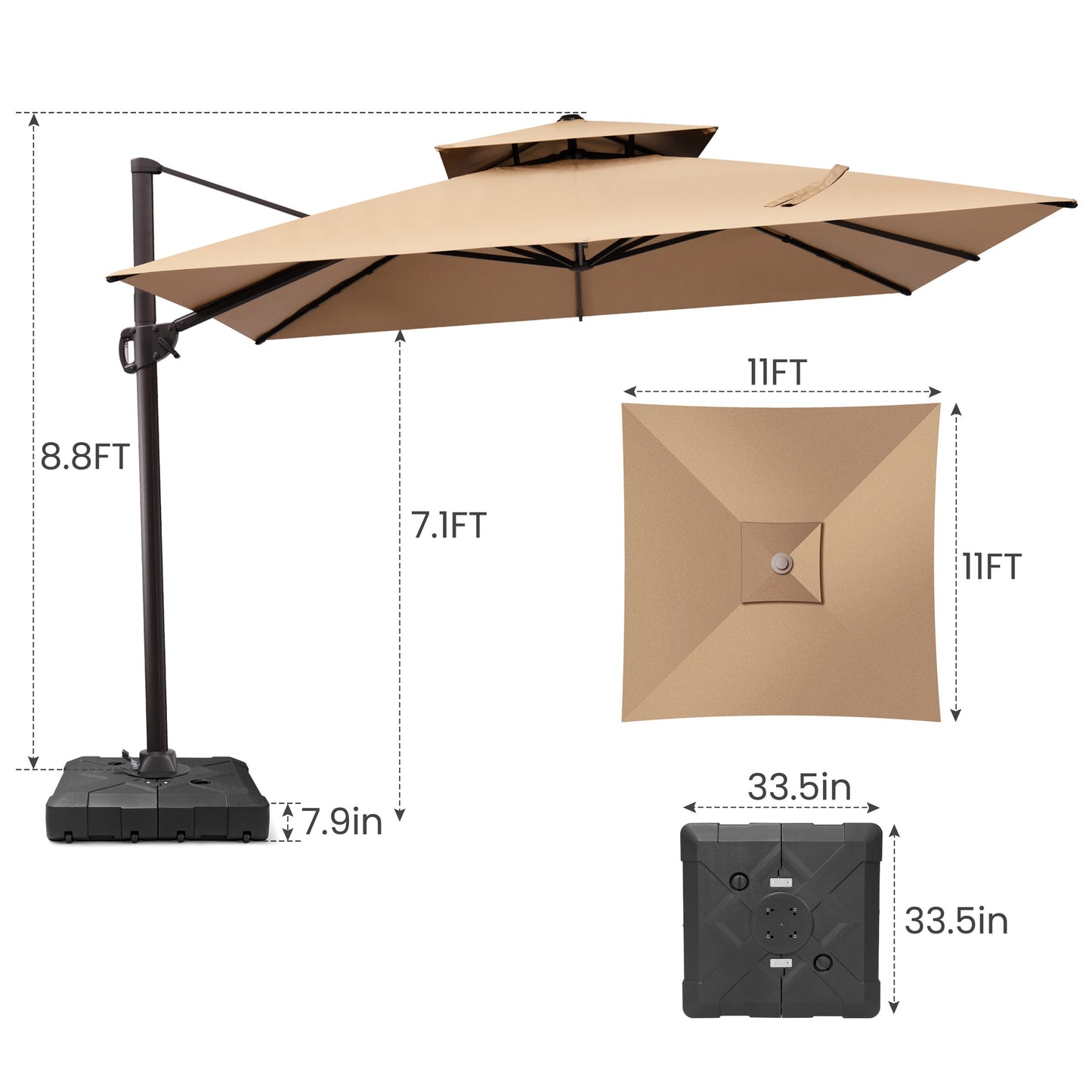 Crestlive Products 11x11ft Aluminum Double Top Crank Cantilever Patio Umbrella with Base