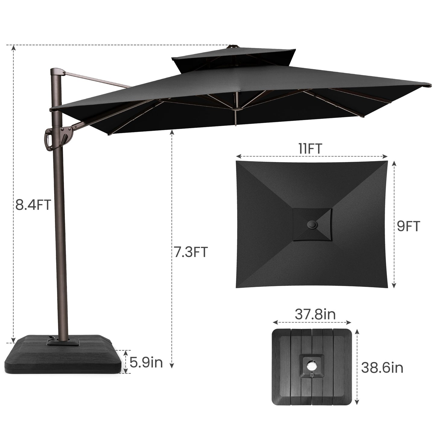 Crestlive Products 11x9ft Aluminum Double Top Crank Cantilever Patio Umbrella with Base