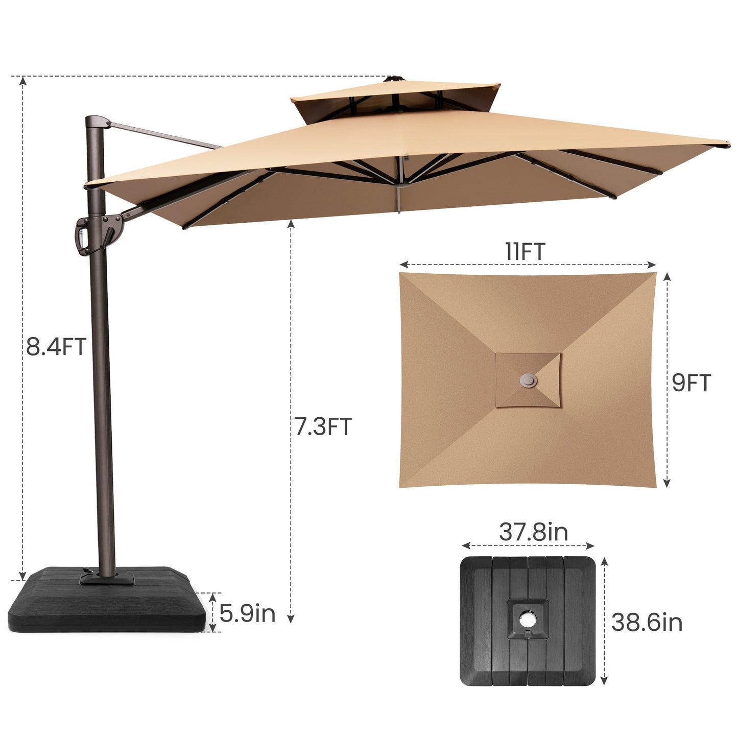 Crestlive Products 9x11ft Aluminum Double Top Crank Cantilever Patio Umbrella with Base