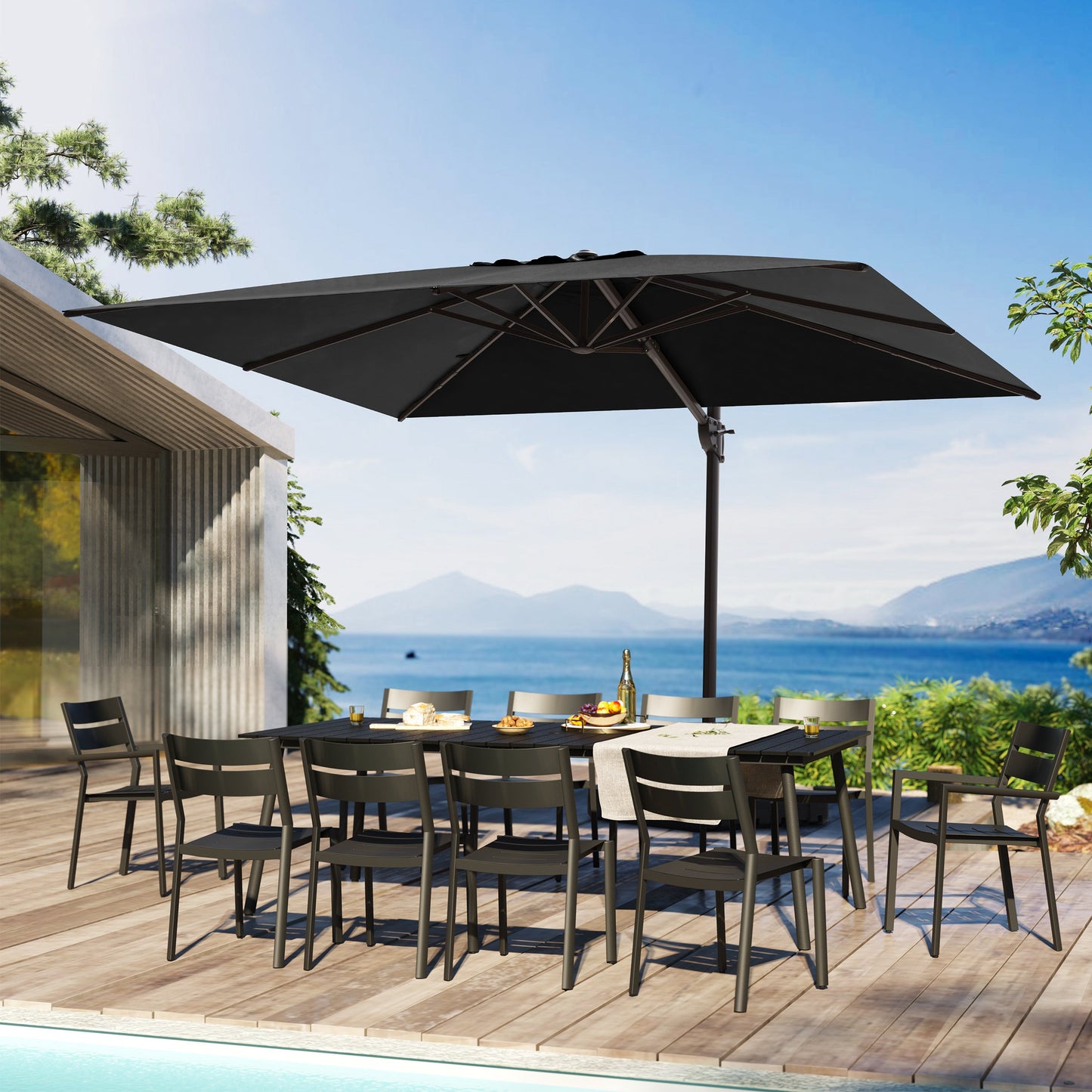Outdoor 9x11 ft Rectangular Cantilever Umbrella Double Top 360° Rotation No Base
