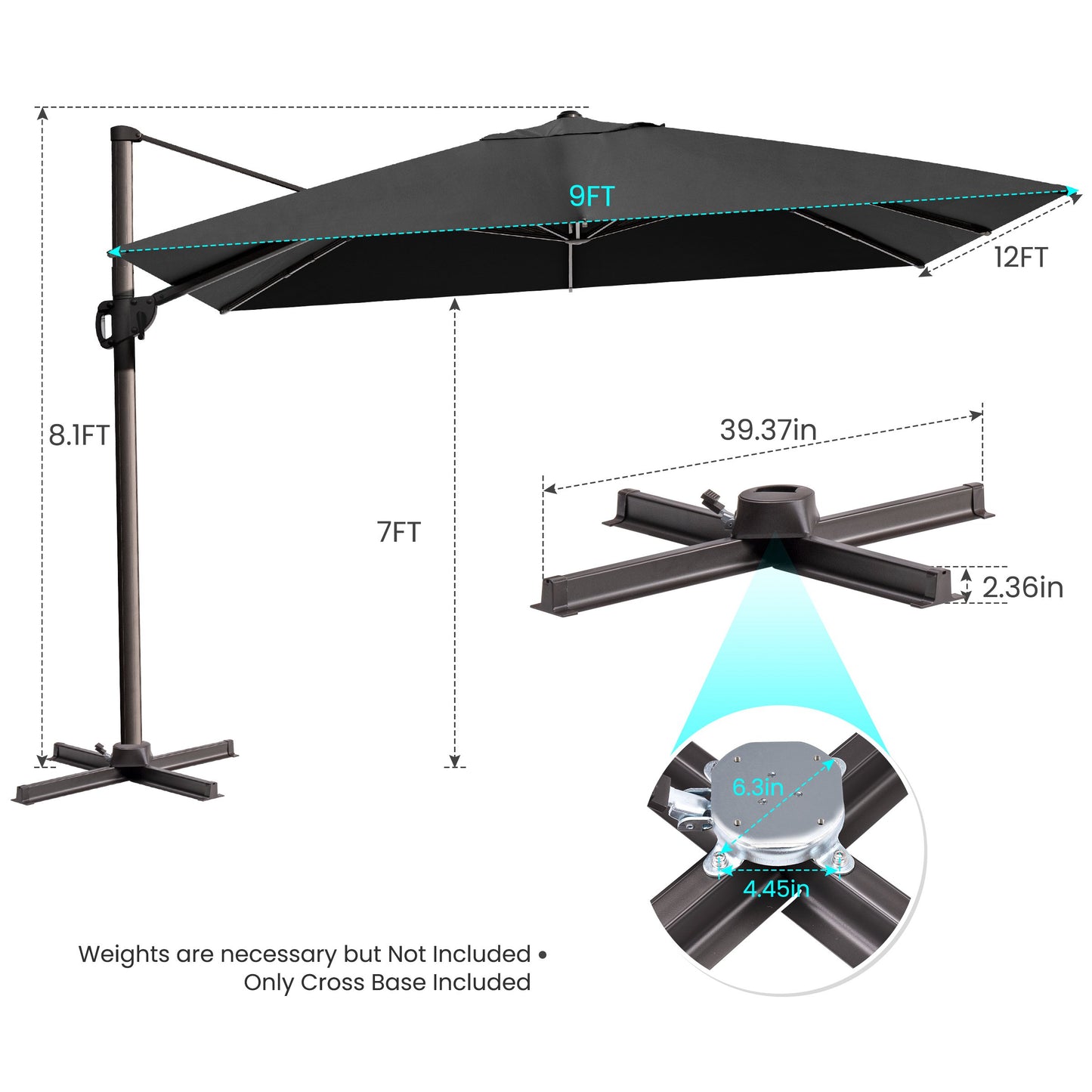 Outdoor 9x11 ft Rectangular Cantilever Umbrella Double Top 360° Rotation No Base