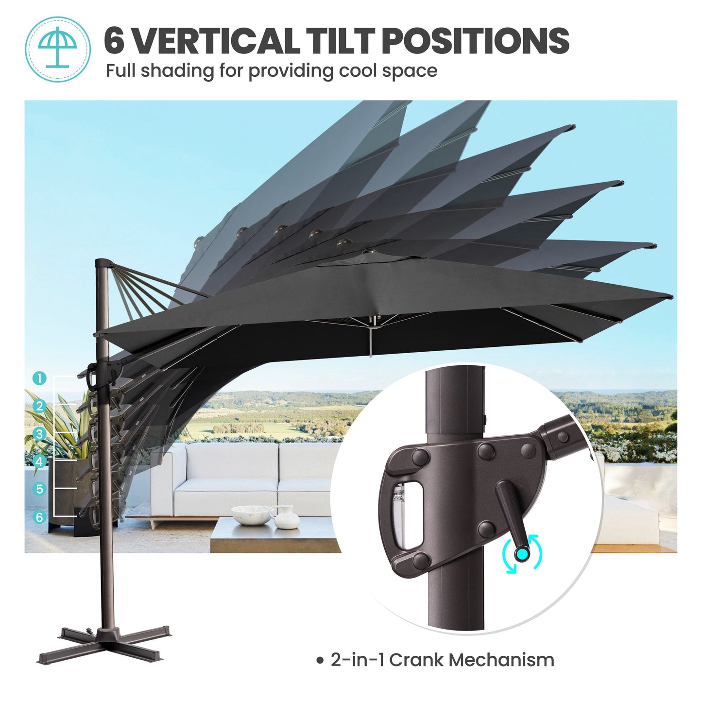 Outdoor 9x11 ft Rectangular Cantilever Umbrella Double Top 360° Rotation No Base