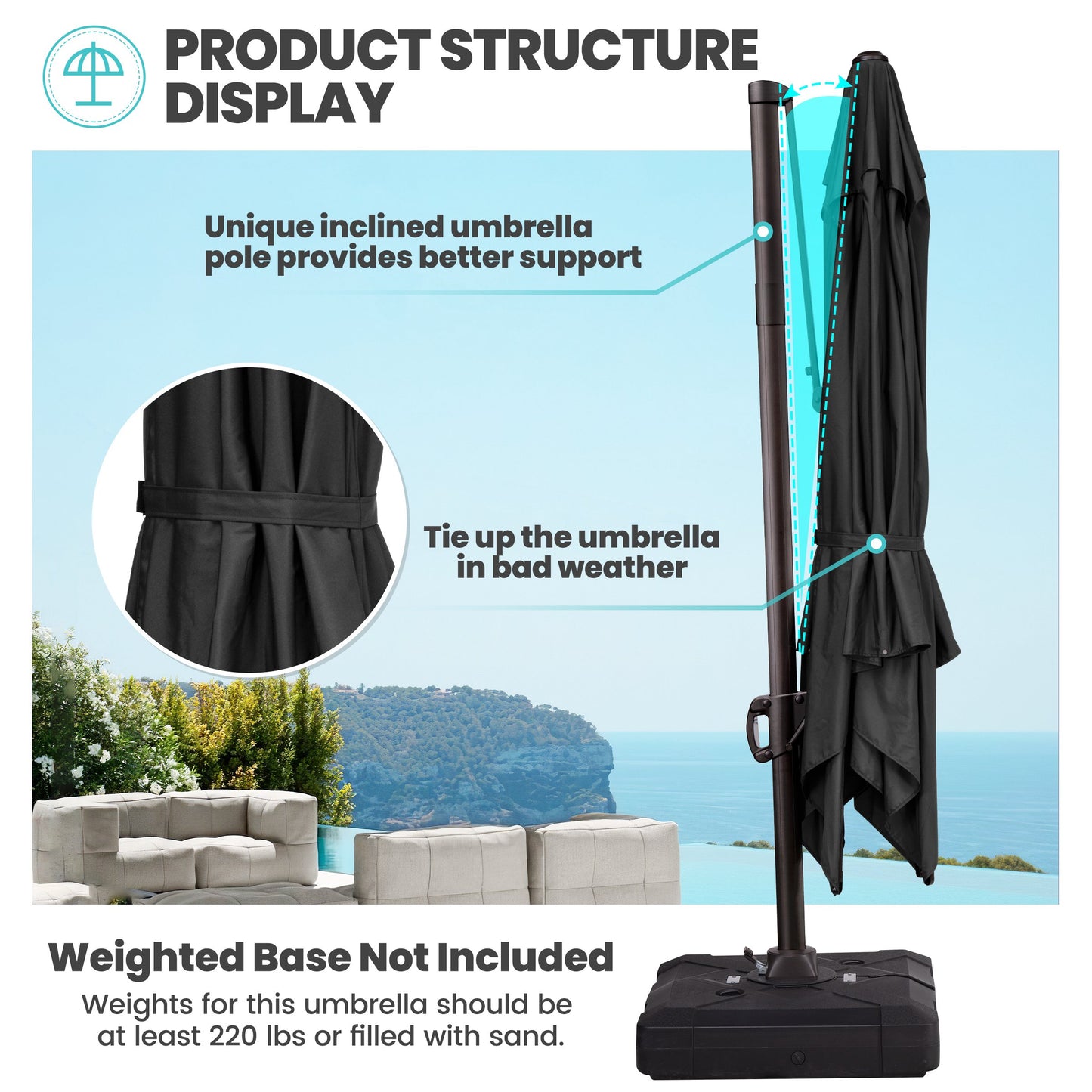Outdoor 9x11 ft Rectangular Cantilever Umbrella Double Top 360° Rotation No Base