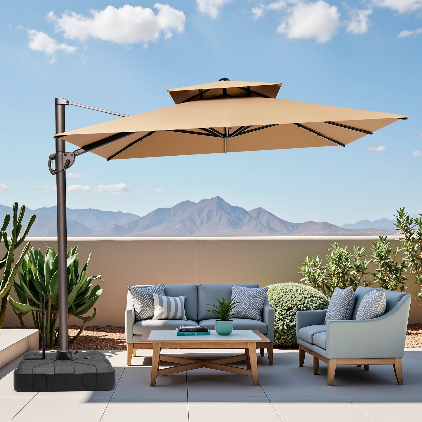 Crestlive Products 9x11ft Aluminum Double Top Crank Cantilever Patio Umbrella with Base