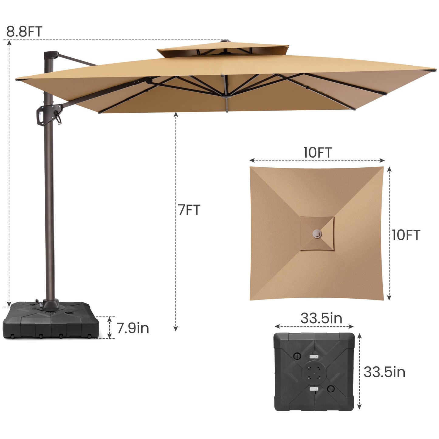 Crestlive Products 10x10ft Aluminum Double Top Crank Cantilever Patio Umbrella with Base