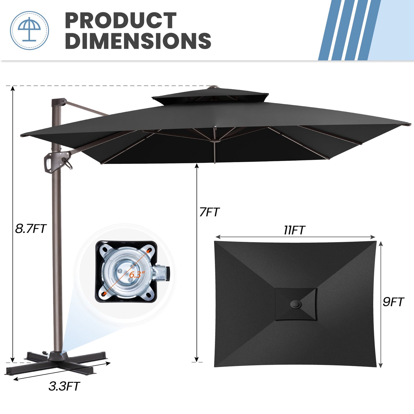 Crestlive Products 11x9ft Aluminum Dual Top Crank Cantilever Patio Umbrella