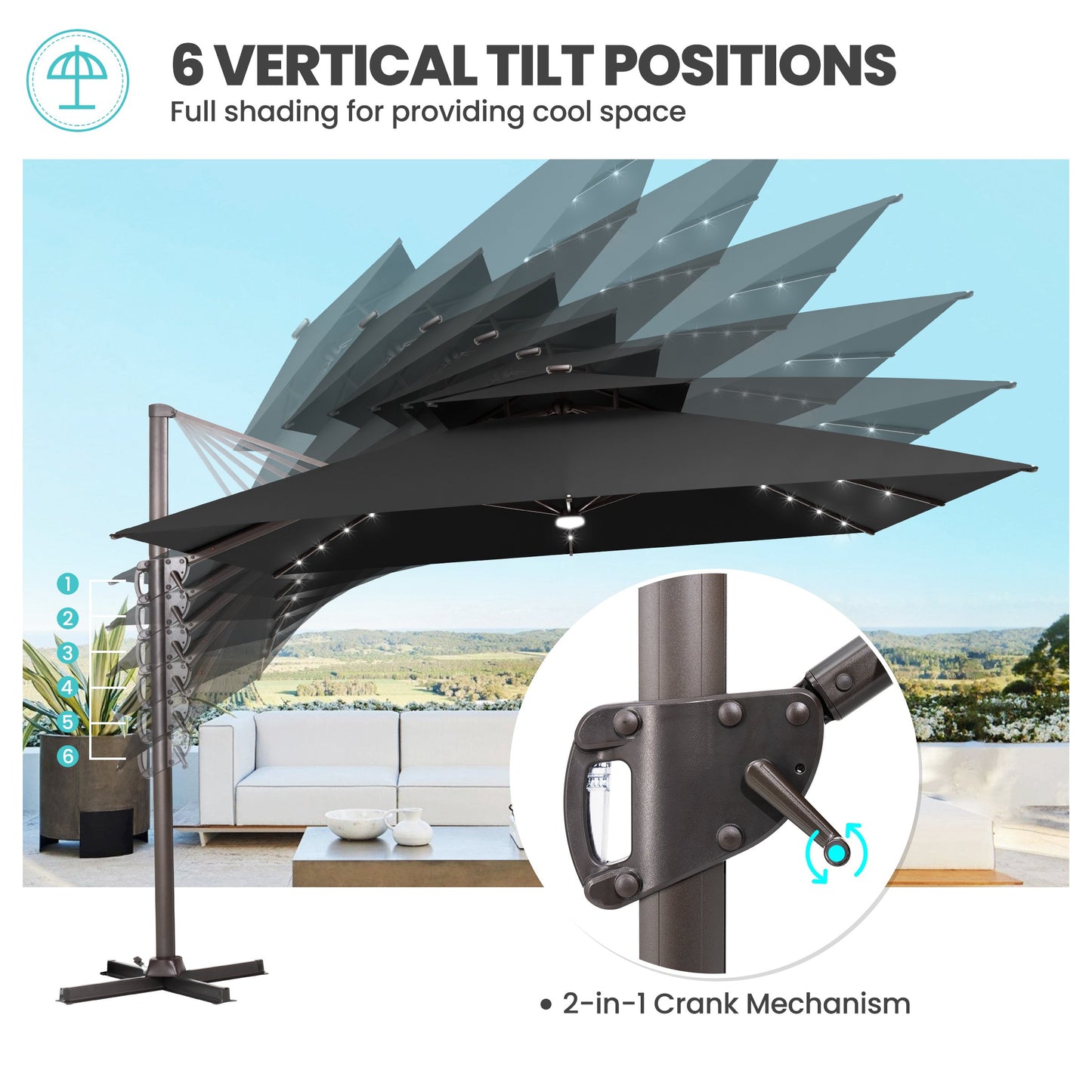 Crestlive Products 11x9ft Aluminum Dual Top Crank Cantilever Patio Umbrella with Lights