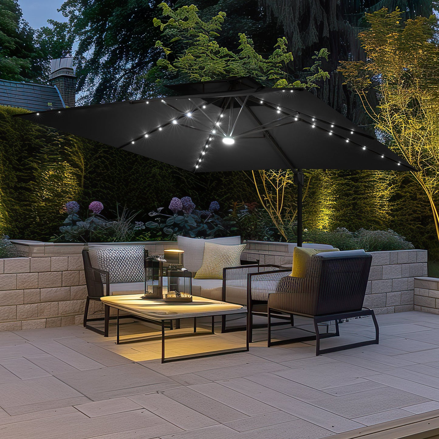 Crestlive Products 11x9ft Aluminum Dual Top Crank Cantilever Patio Umbrella with Lights