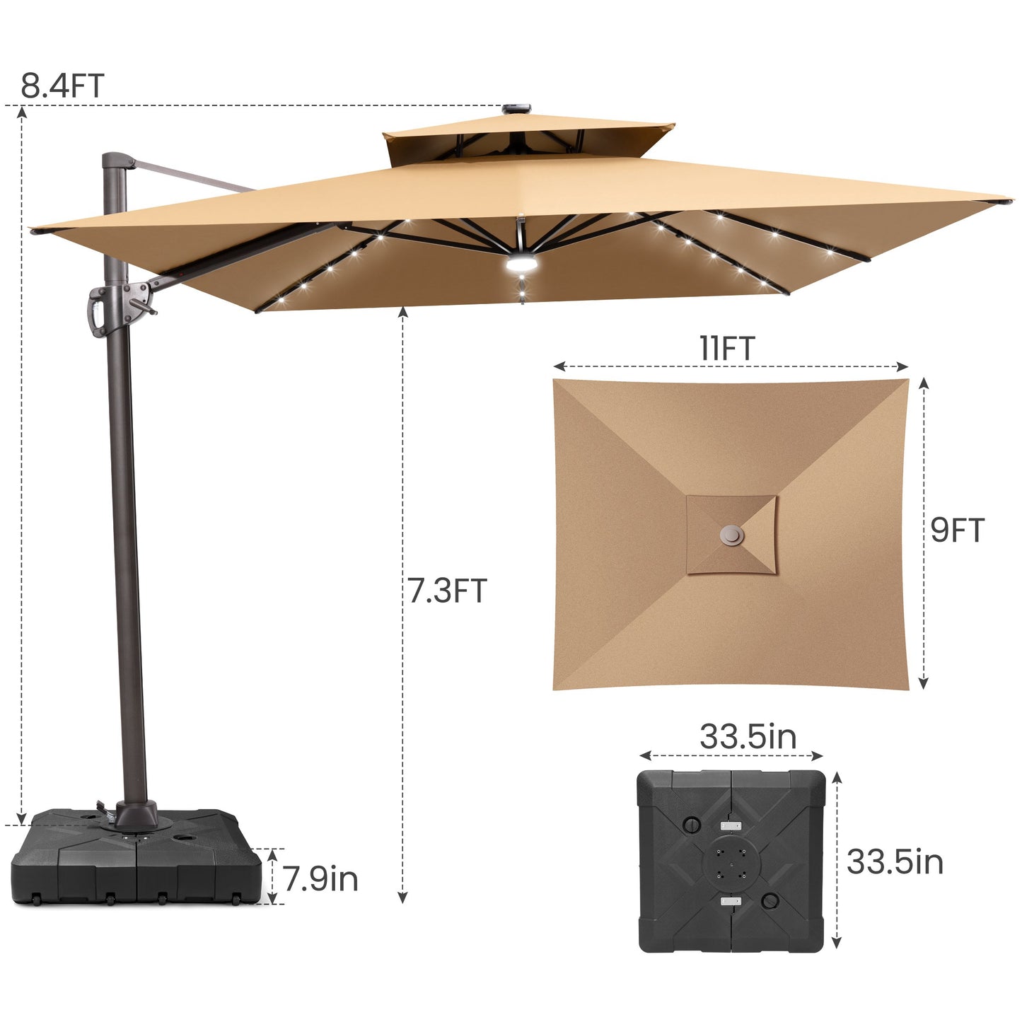 Crestlive Products 9x11ft Aluminum Crank Cantilever Patio Umbrella with Lights with Base