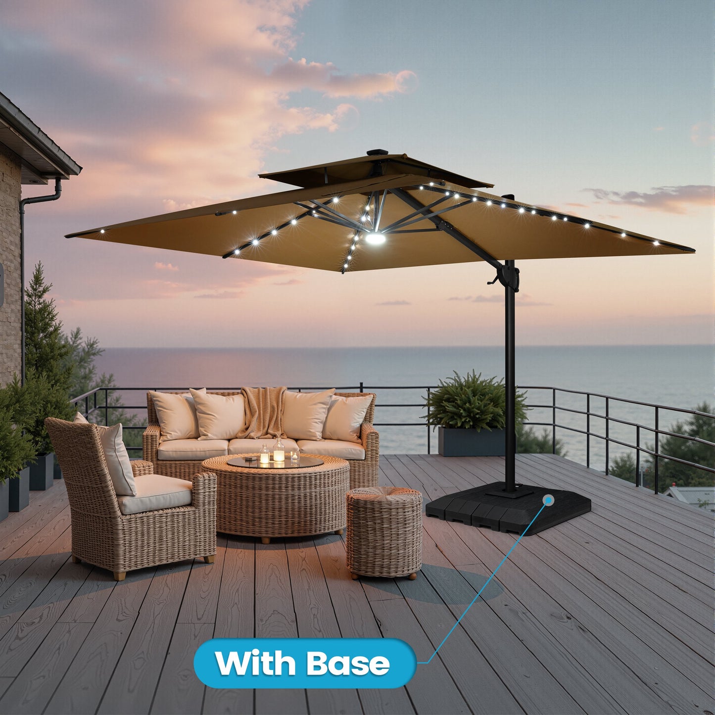 Crestlive Products 9x11ft Aluminum Cantilever Patio Umbrella with Lights with Base