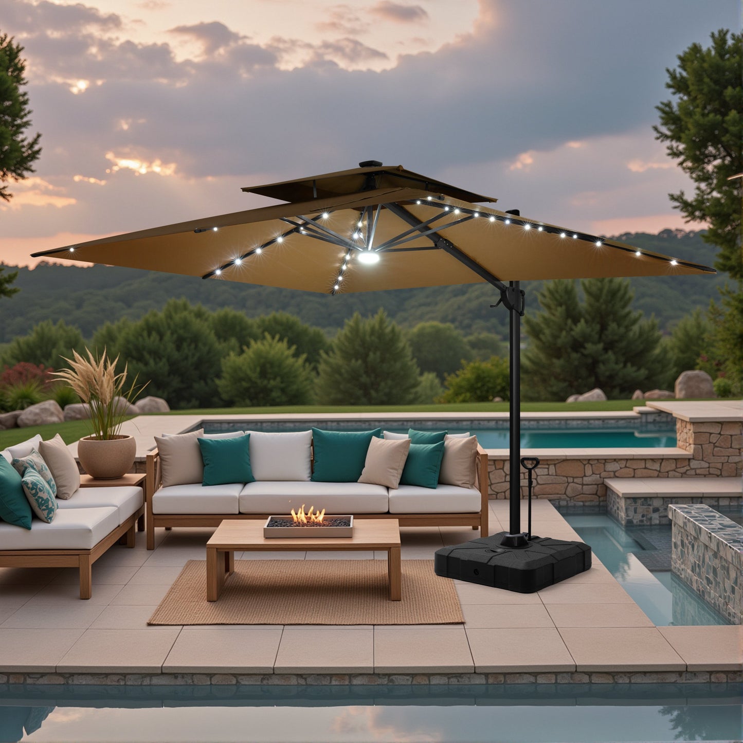 Crestlive Products 9x11ft Aluminum Double Top Crank Cantilever Patio Umbrella with Lights with Base