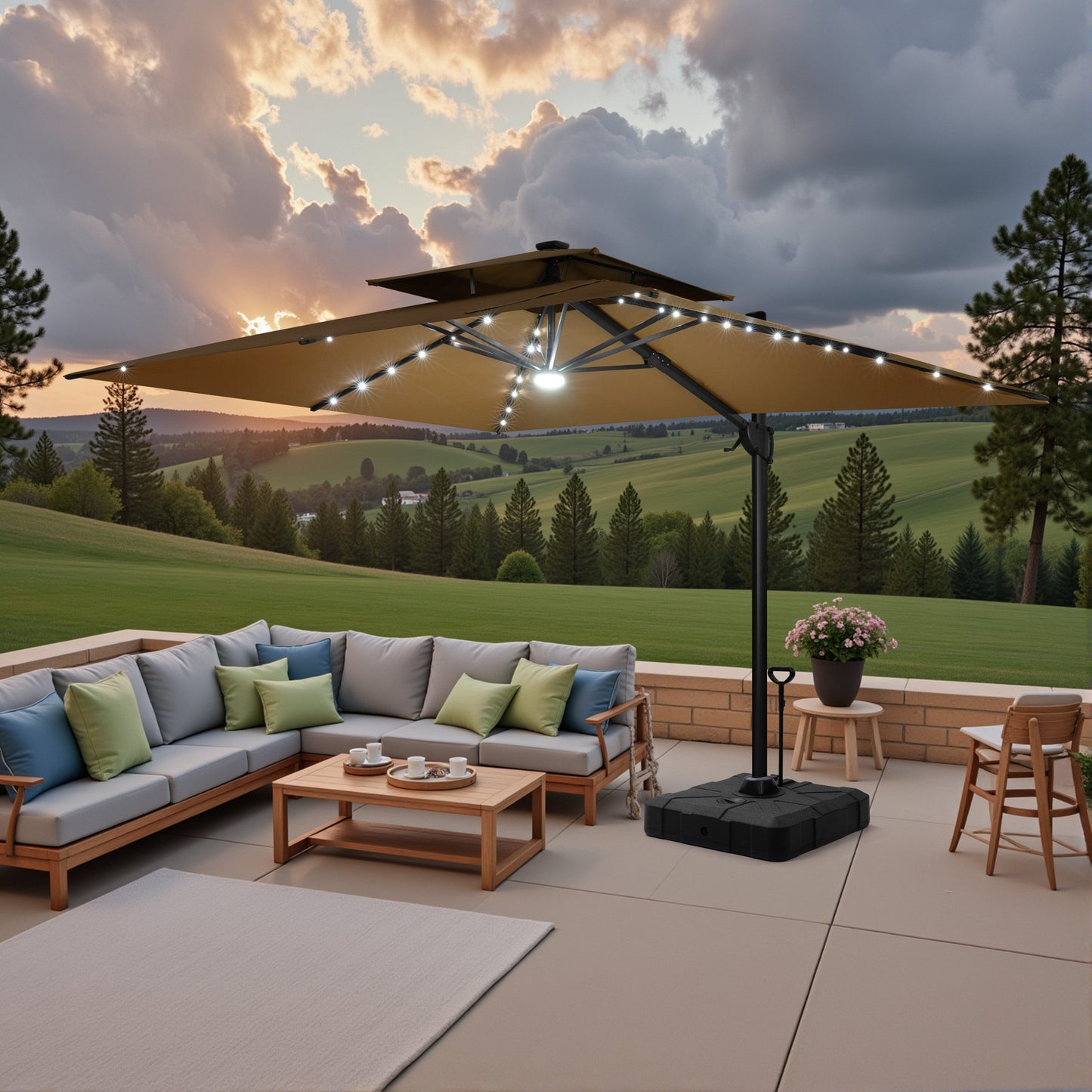 Crestlive Products 9x11ft Aluminum Double Top Crank Cantilever Patio Umbrella with Lights with Base