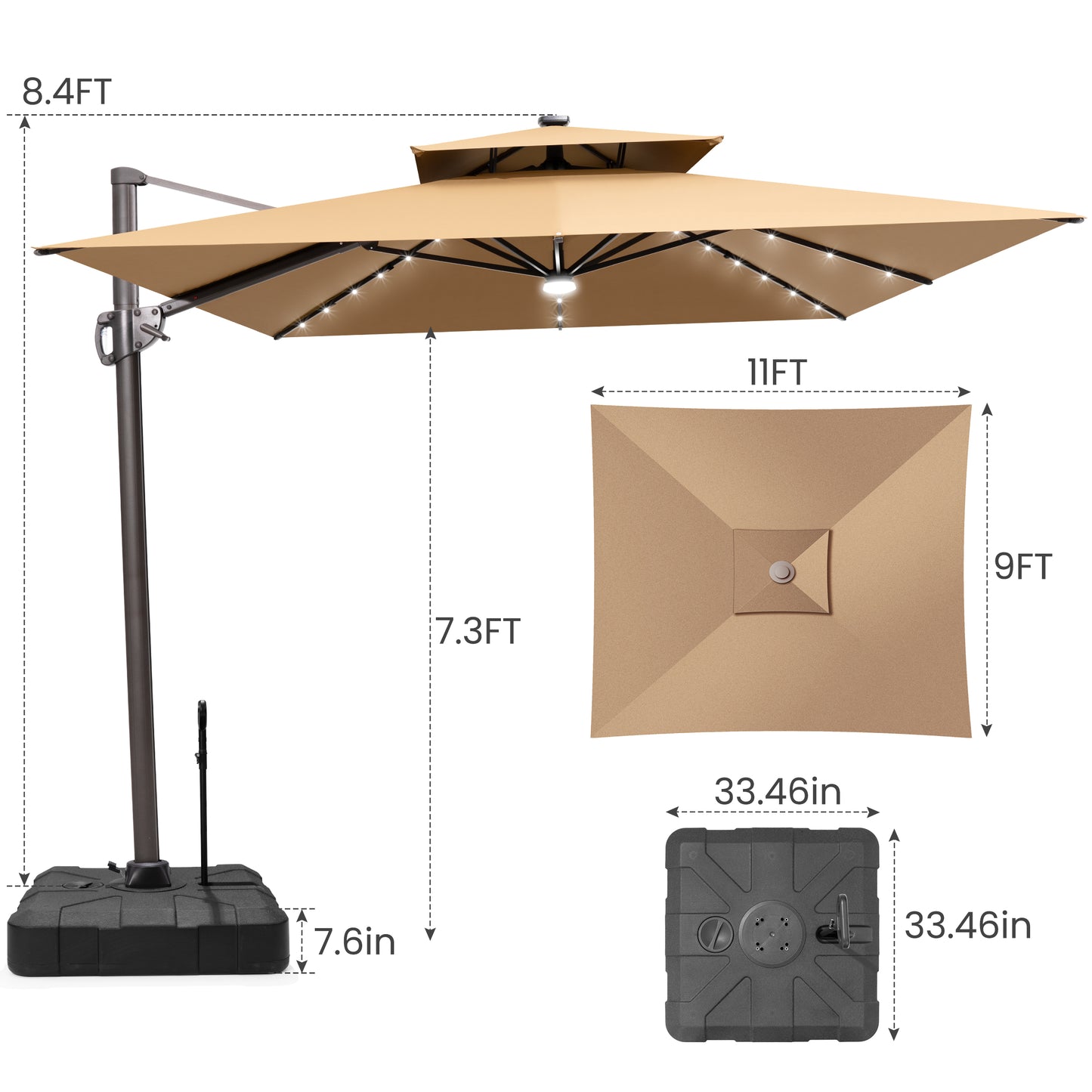Crestlive Products 9x11ft Aluminum Double Top Crank Cantilever Patio Umbrella with Lights with Base