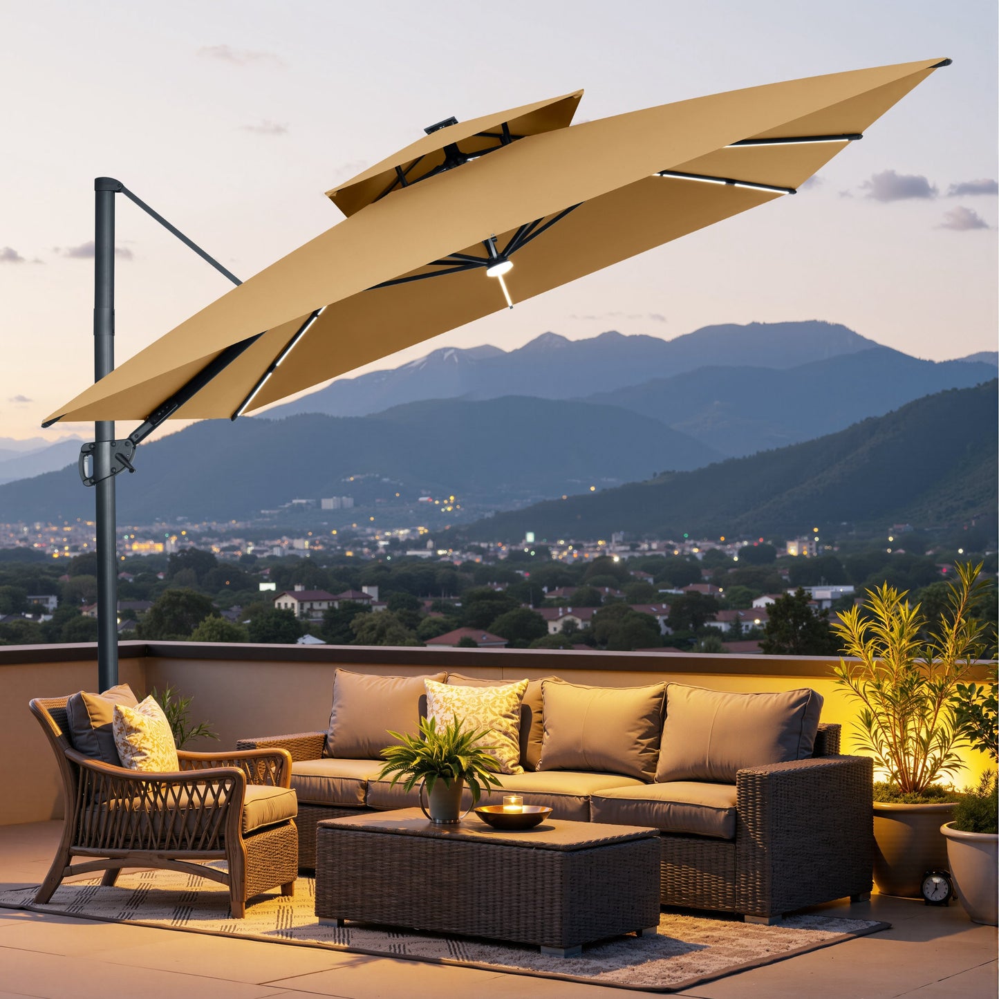 Crestlive Products 11 x 11 ft Aluminum Double Top Crank Cantilever Patio Umbrella with LED Lights