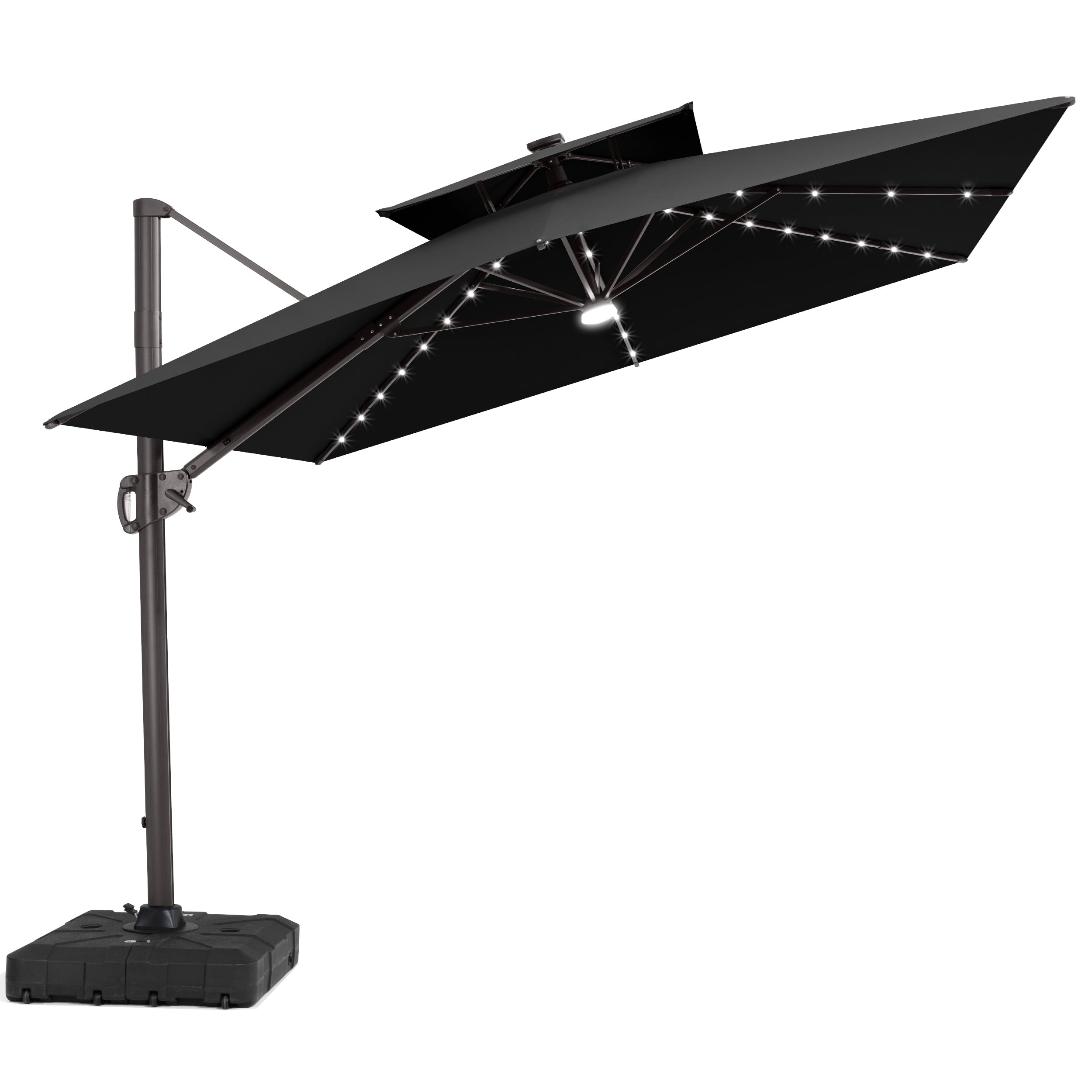 led cantilever patio umbrella WESTLAKE 10 Ft Solar Offset w/ Included 4-Piece Base Weights, Gray Stay protected in the shade with the polyester canopy that blocks that warm Black Crank & Tilt Cantilever