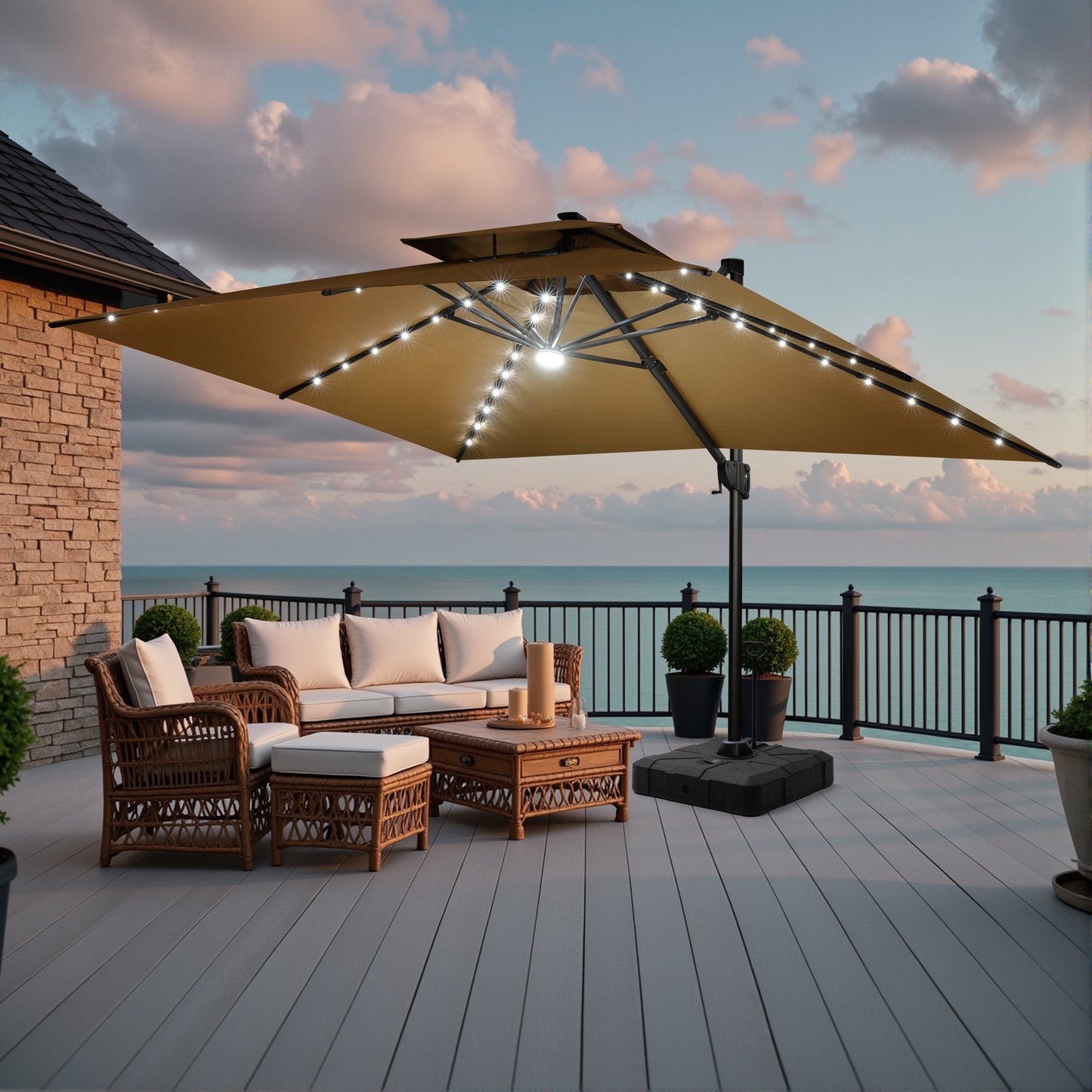 Crestlive Products 10x13ft Aluminum Crank Cantilever Patio Umbrella with Lights with Base