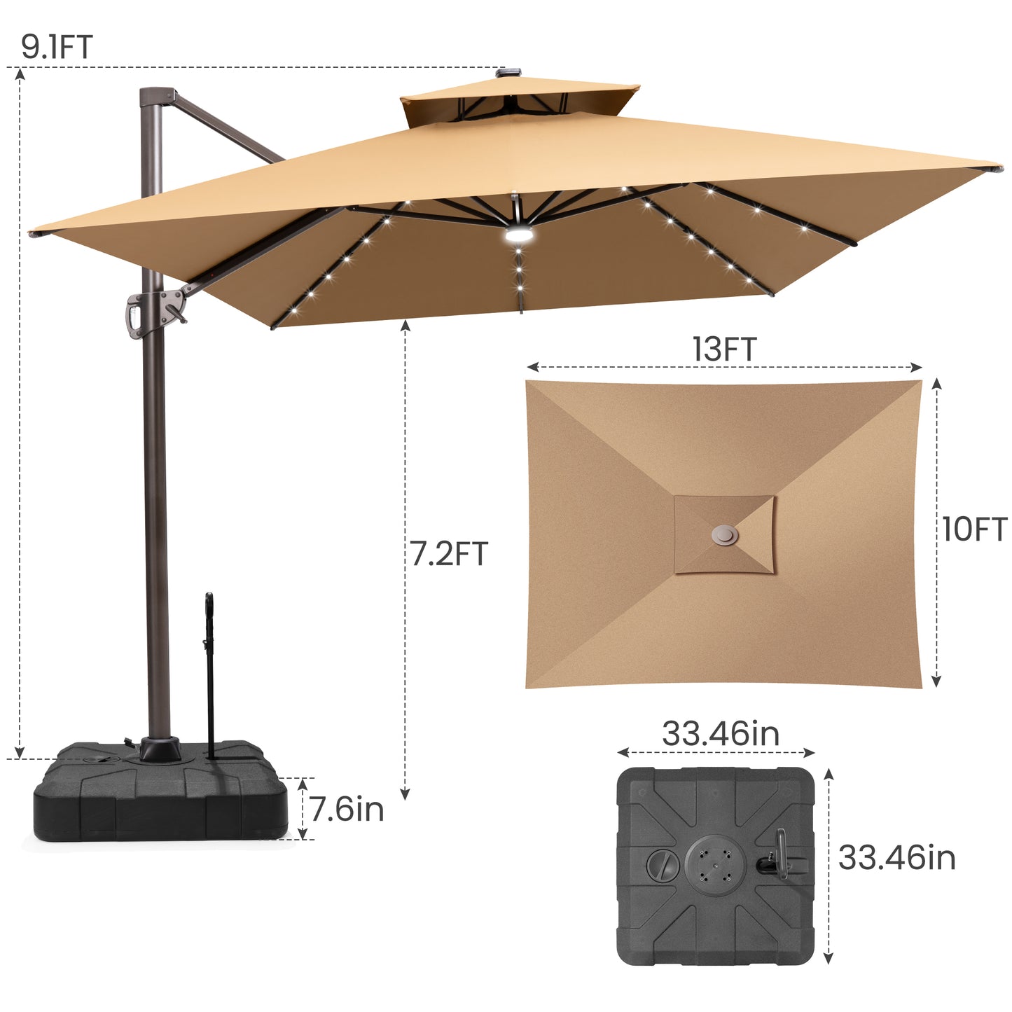Crestlive Products 10x13ft Aluminum Crank Cantilever Patio Umbrella with Lights with Base