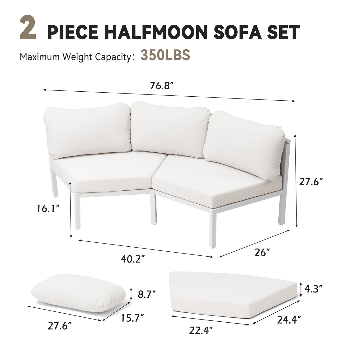 Crestlive Products Half Moon 2-Piece Aluminum Patio Furniture Set, Waterproof Curved Outdoor Sofa