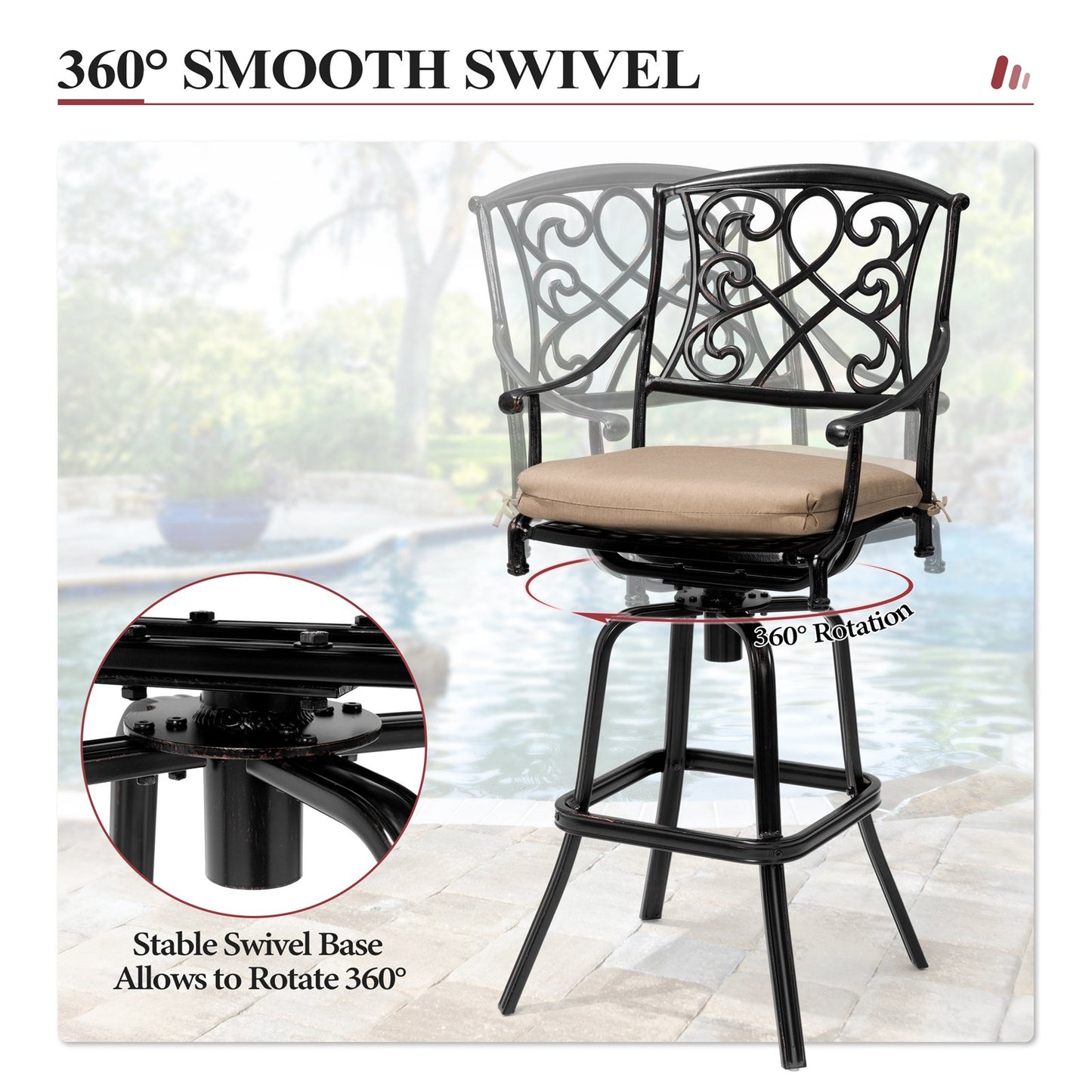 Crestlive Products Heavy Duty Cast Aluminum Frame Swivel Bar Stool with Sunbrella Cushion