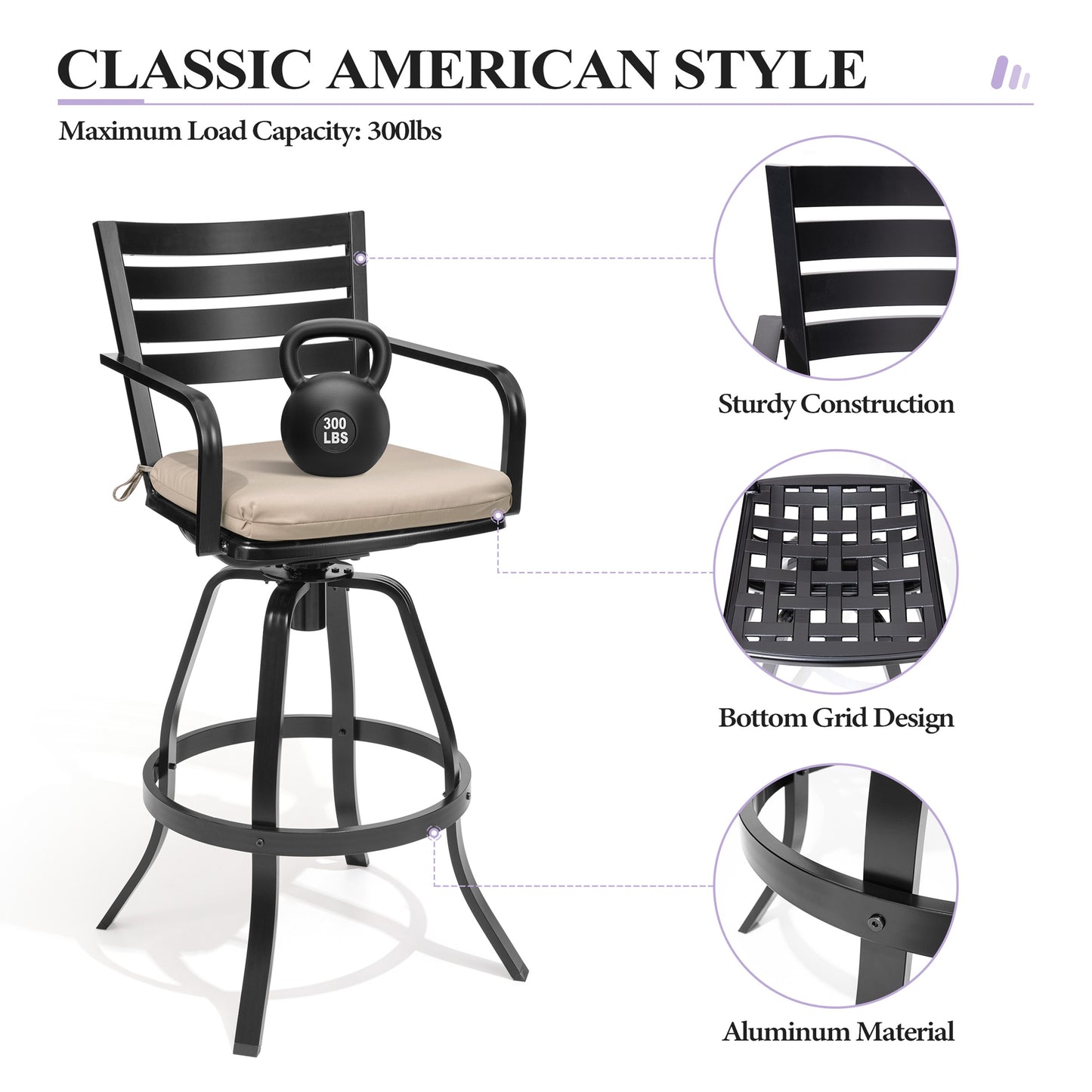 Crestlive Products Cast Aluminum Outdoor Swivel Bar Stools with Sunbrella Cushions, Set of 2