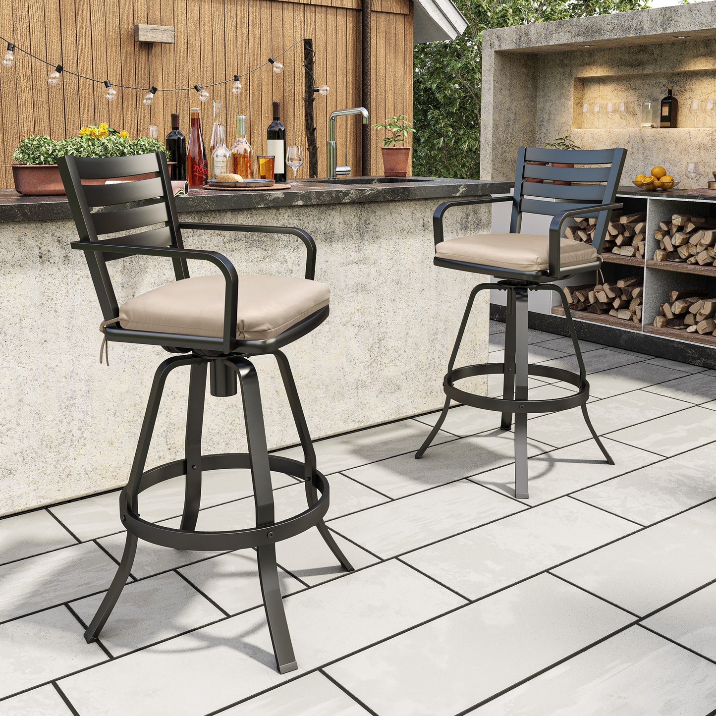 Crestlive Products Cast Aluminum Outdoor Swivel Bar Stools with Sunbrella Cushions, Set of 2