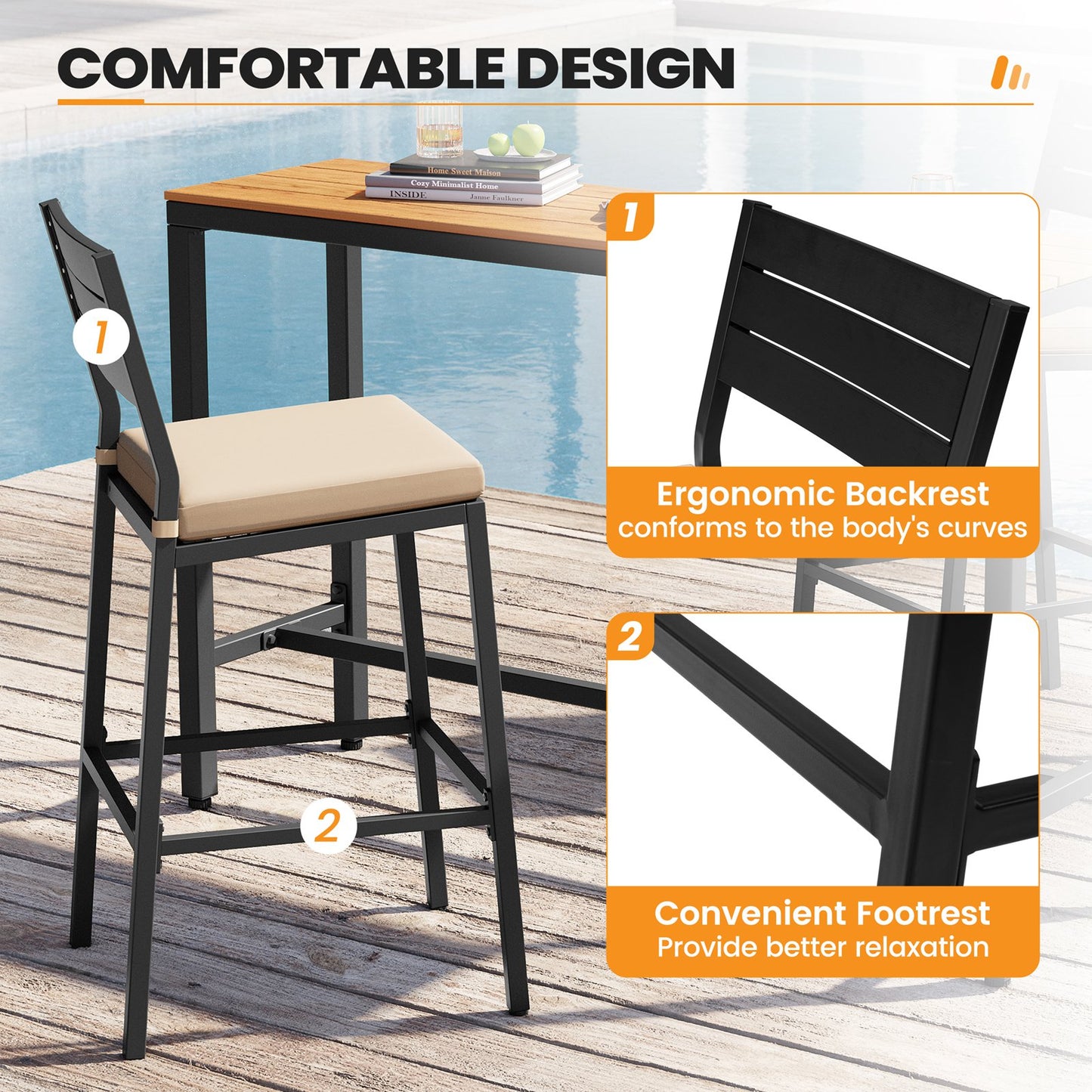 Crestlive Products 2-Piece Outdoor Bar Stools with Cushions, Backrest and Footrest