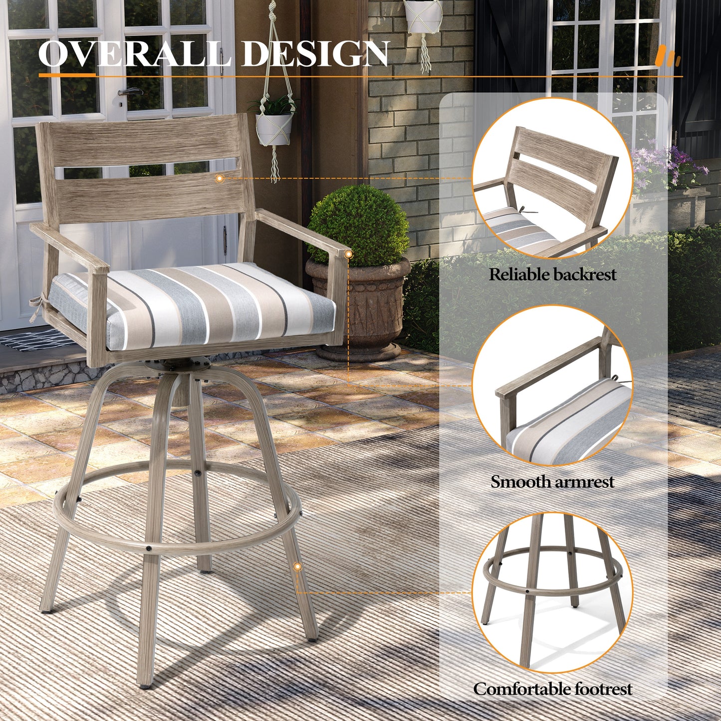 Crestlive Products Aluminum Outdoor Swivel Bar Stool Set of 2 with Sunbrella Cushion