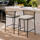 Outdoor Patio Bar Stool Set of 2 with Cushion and Rattan Back