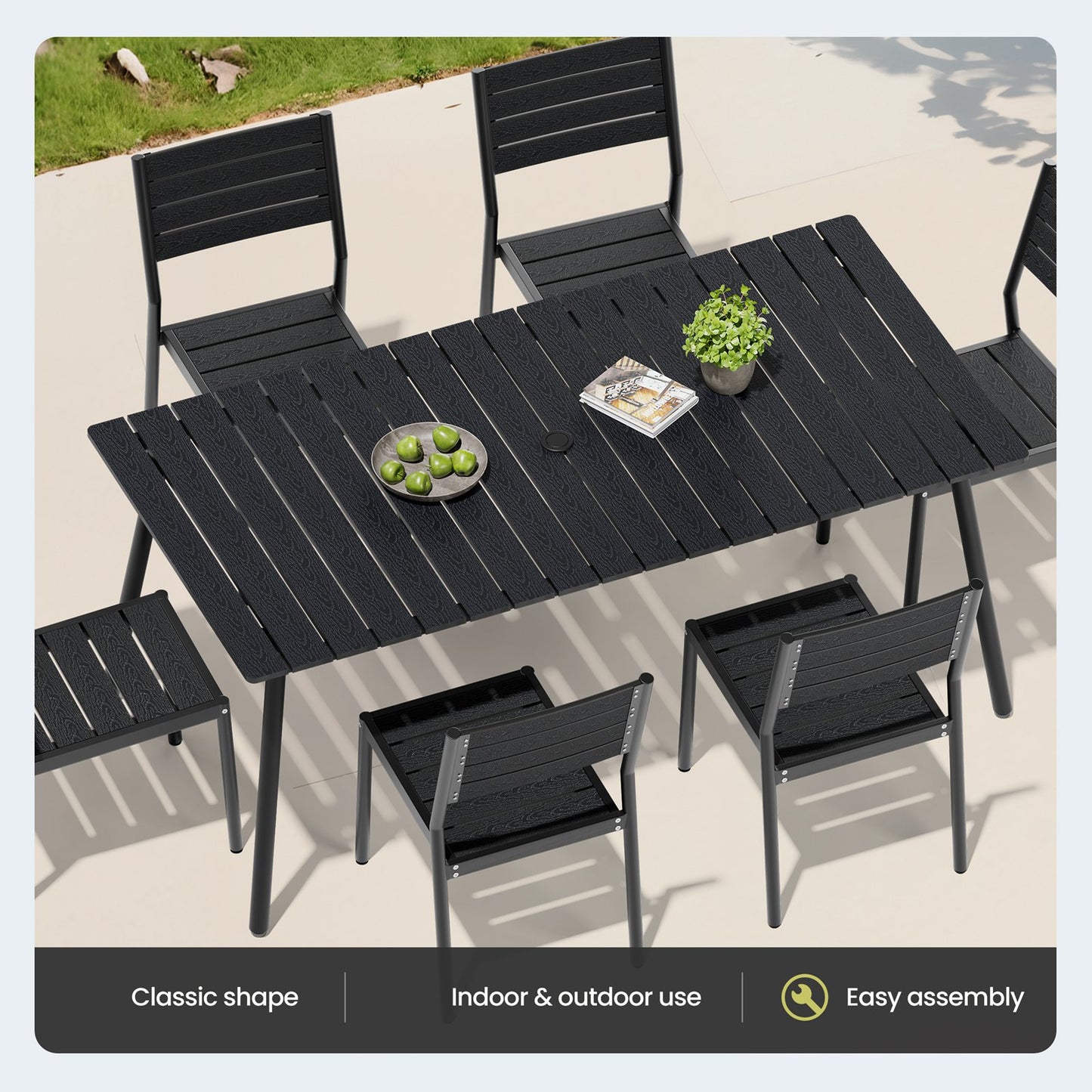 Crestlive Products 7-Piece Outdoor Dining Set Aluminum Frame Wood-Plastic Composite Table with Stackable Chairs