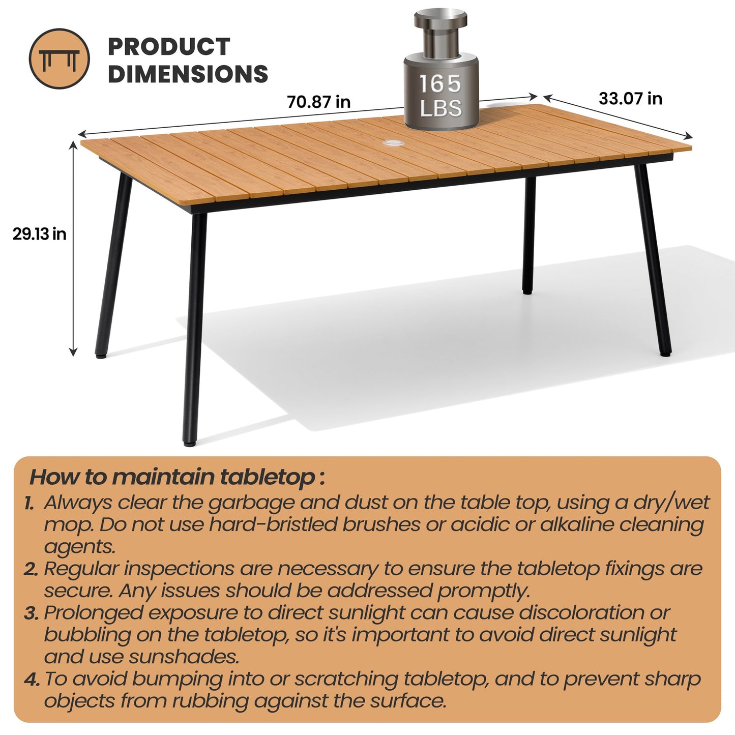 Crestlive Products Outdoor Patio Dining Table with Wood-Like Top and Aluminum Frame