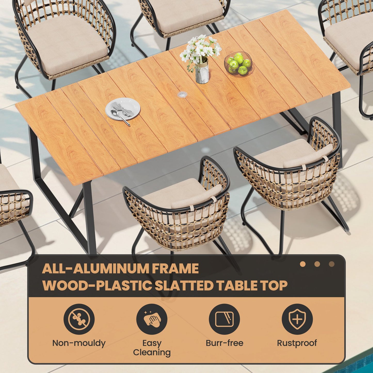 Crestlive Products Outdoor Aluminum Rectangular Dining Table with PE Rattan Chairs