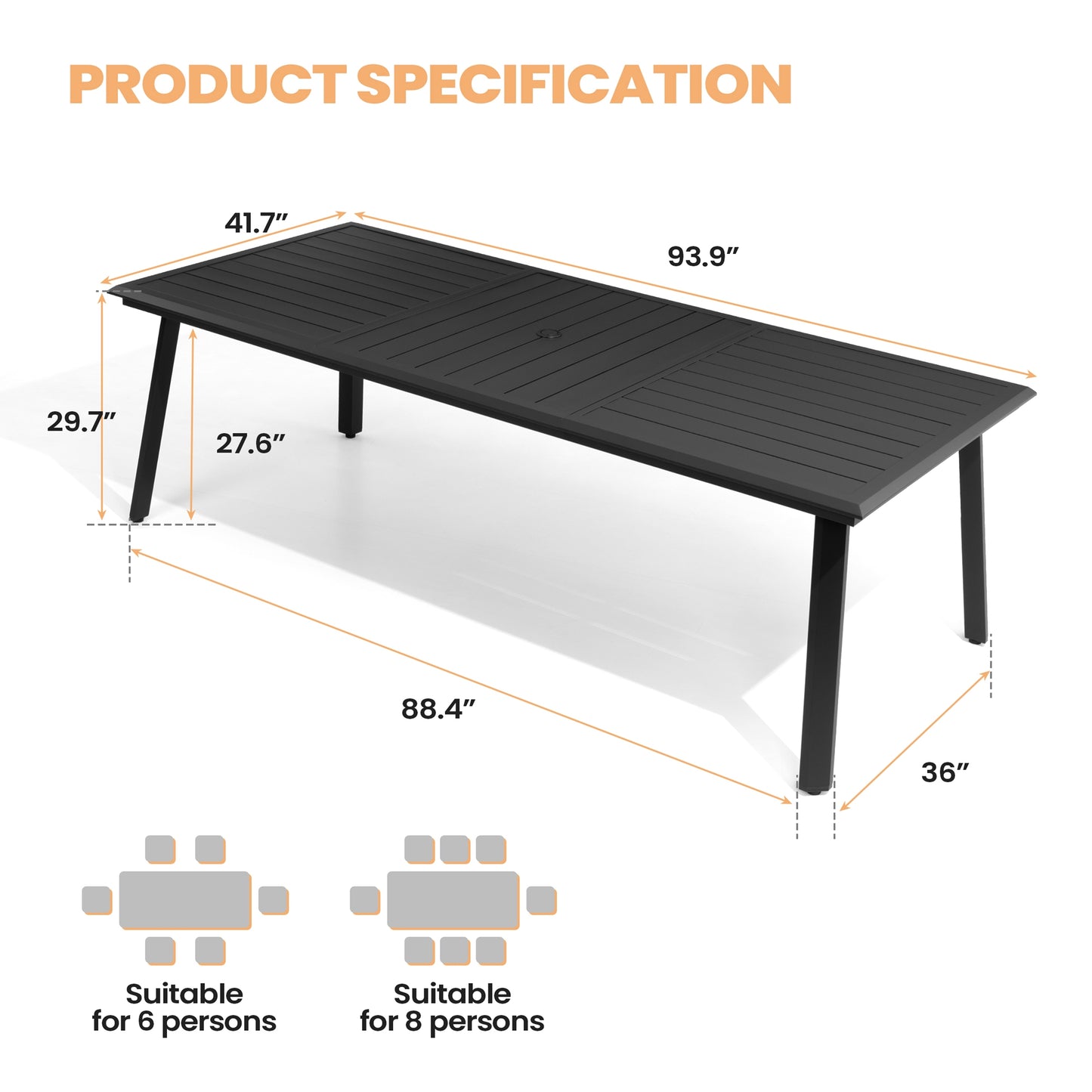 Crestlive Products 94 x 42 In. Rectangular Aluminum Outdoor Dining Table with Umbrella Hole